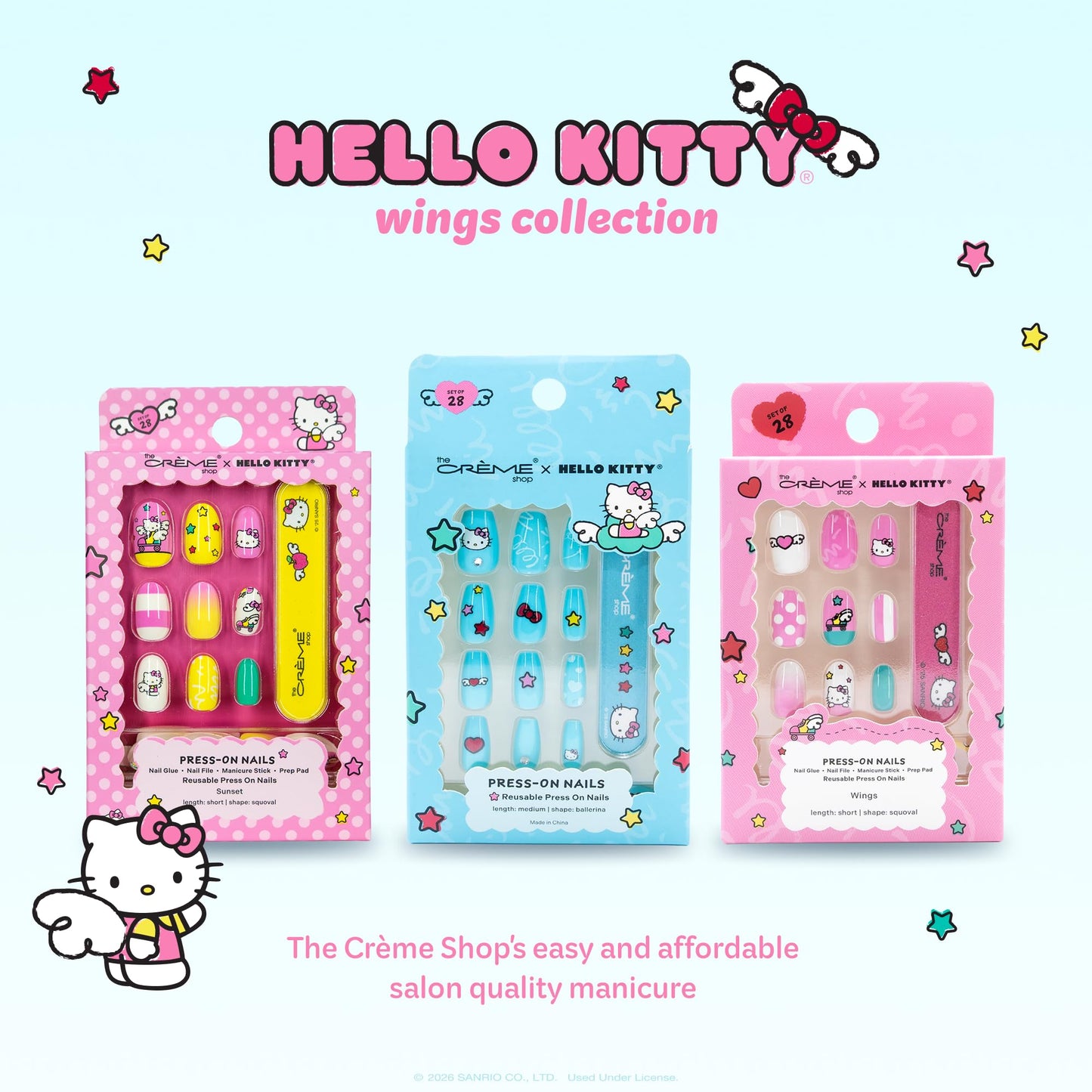 The Crème Shop x Hello Kitty Wings Collection Press On Nails, Short Squoval Shape, 28 Nails Kit with Glue and Tools (Kawaii Vacation)