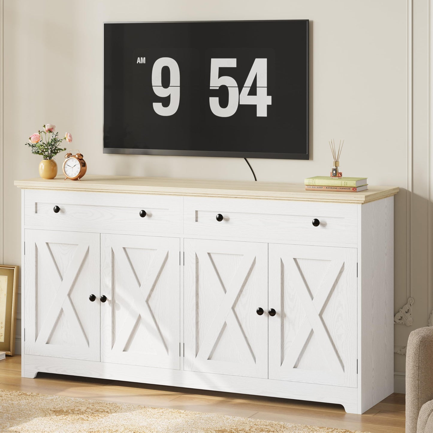 IRONCK Buffet Cabinet with Storage, Sideboard Storage Cabinet, Kitchen Cabinet with Drawers and Doors, Natural Wood