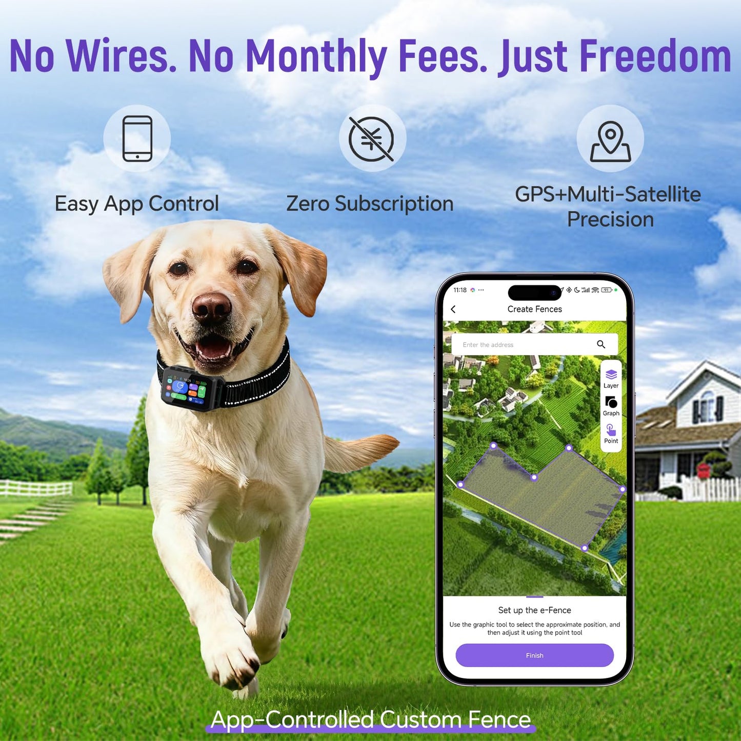 RAINLEOTI GPS Wireless Dog Fence – with Dog Collar, Remote & Free App, Custom GPS Fence, Adjustable Beep/Vibration/Static, IP67 Waterproof, Long Battery Life, for Dogs 10–120 lbs, Remote Kit