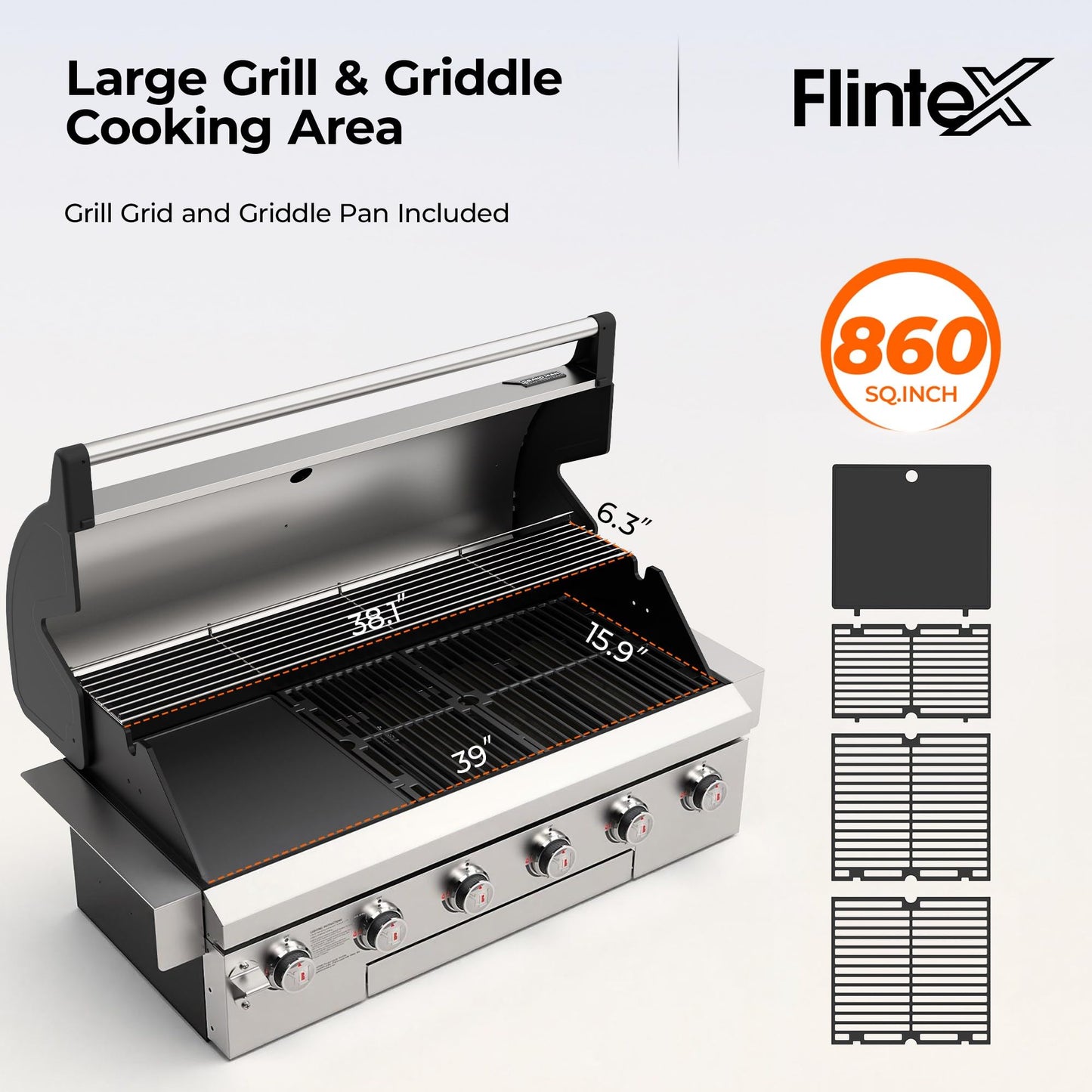 Flintex 40 Inch Built-in BBQ Gas Grill (NG/LPG Convertible), 6-Burner Outdoor Kitchen Gas/Propane Grill with Griddle Combo, Stainless Steel Built-in Outdoor BBQ Grill for Outdoor Kitchen