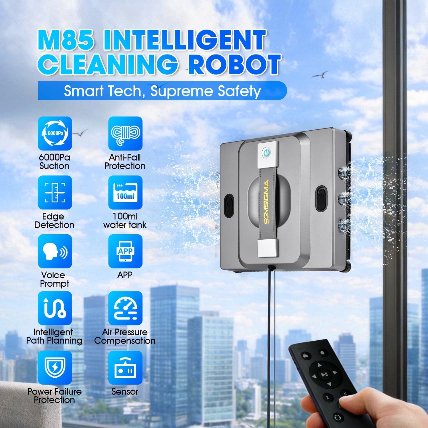SGMSIGMA M85 Window Cleaning Robot - 6000PA Strong Suction Compact Robot, 6-Way Spray & Wet Wiping, Auto Edge Detection, 4 Cleaning Modes, Smart Path Planning, Suitable for High-Rise Glass/Tiles