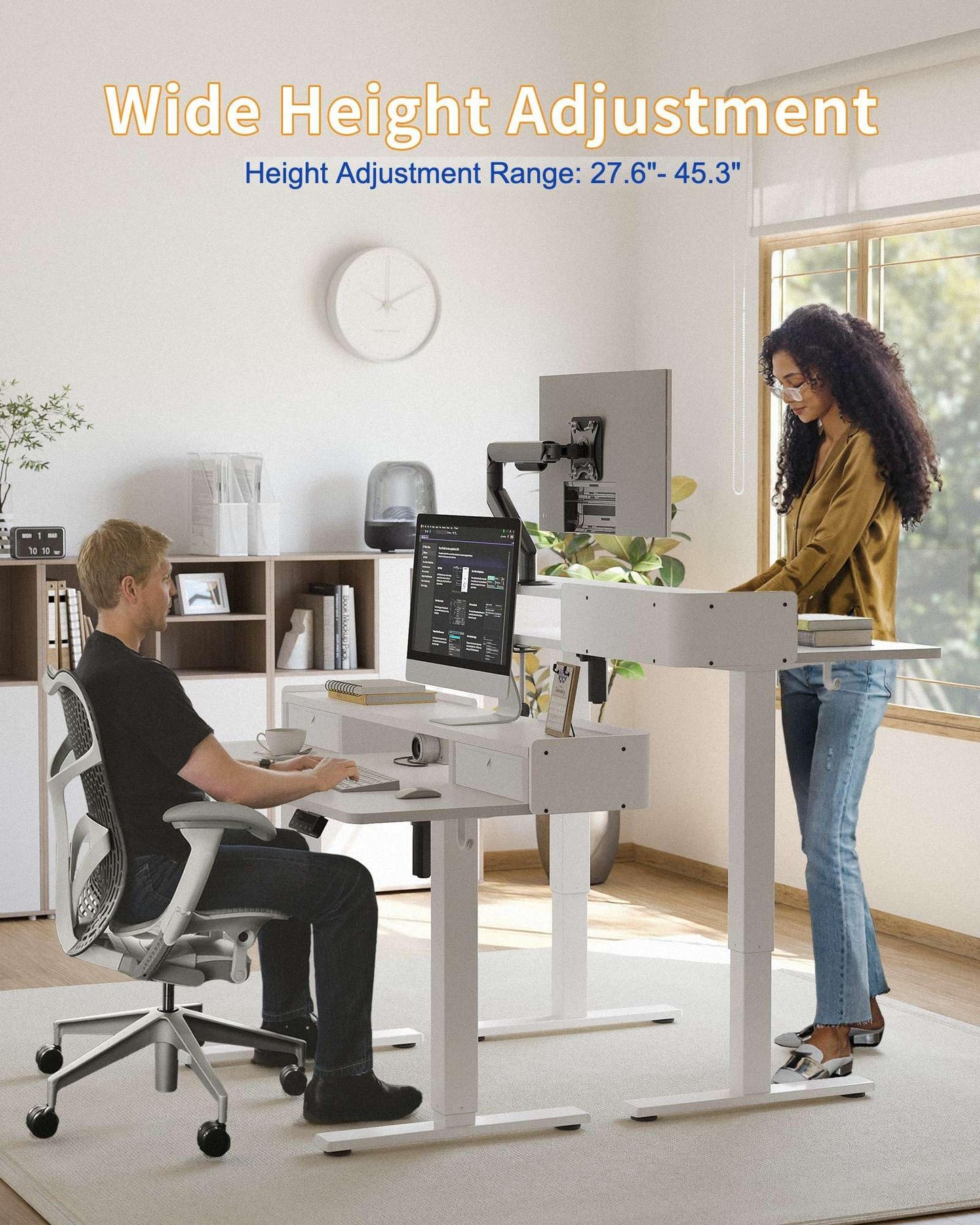 YIHAYO Electric Standing Desk with Drawers, 55 x 24 Inches Adjustable Desk with Storage Shelf, Stand Up Desk with Splice Board, Computer Table for Home Office,White Frame/White Top