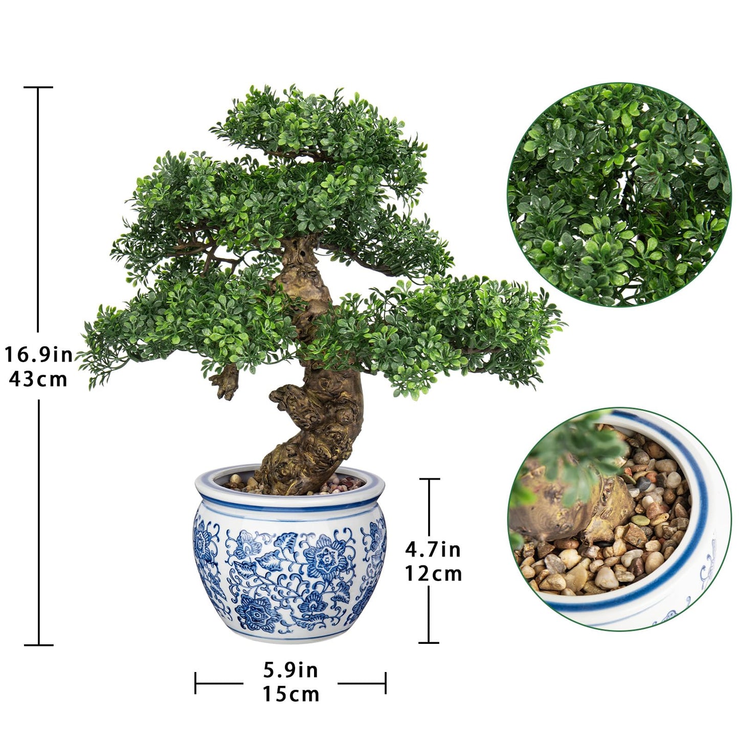 Fake Bonsai Tree Bonsai Plant 17” Tall Artificial Bonsai Trees with Blue and White Porcelain Decorated with Pebbles Desk Plant Indoor Bonsai for Home Office Decor