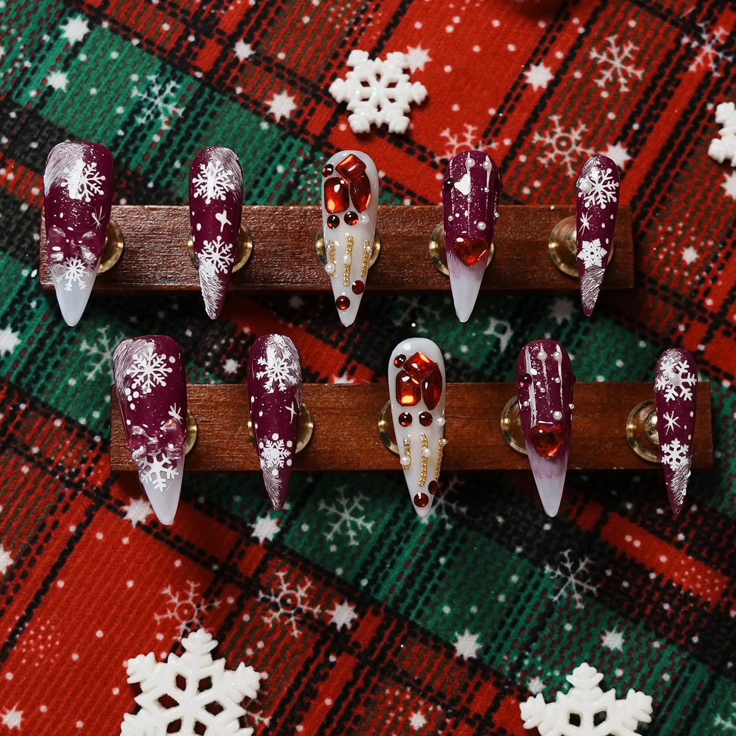 Tesytto Luxury Red Press On Nails Long Stiletto, 3D Heart & Rhinestone Glam Design, Glossy Handmade Fake Nails with Snowflake Detail, Valentine’s Day Winter Acrylic Nails (Snow Falls,S)