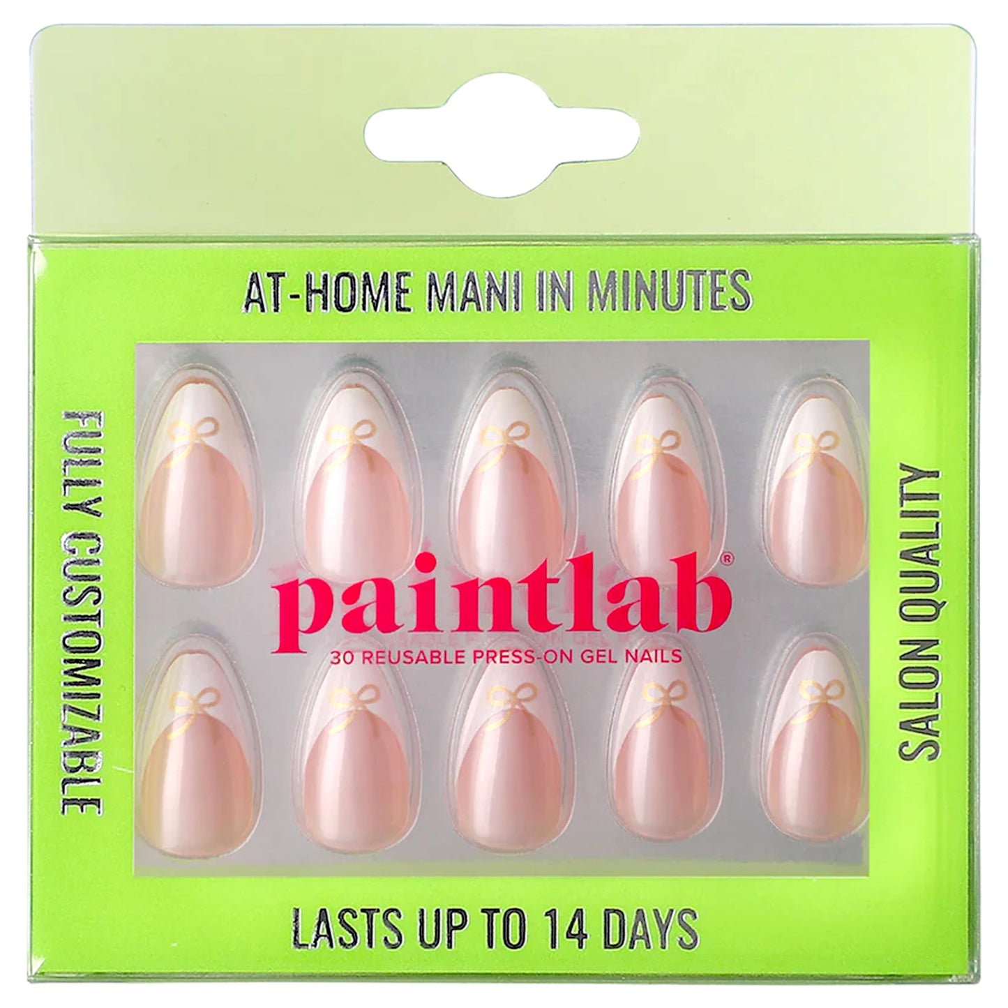 PaintLab Press On Nails - Frenchie Bow Short Almond Fake Nails, 30 Nails in 15 Sizes with Glue, White French Tip Reusable Salon Quality Press On Nails