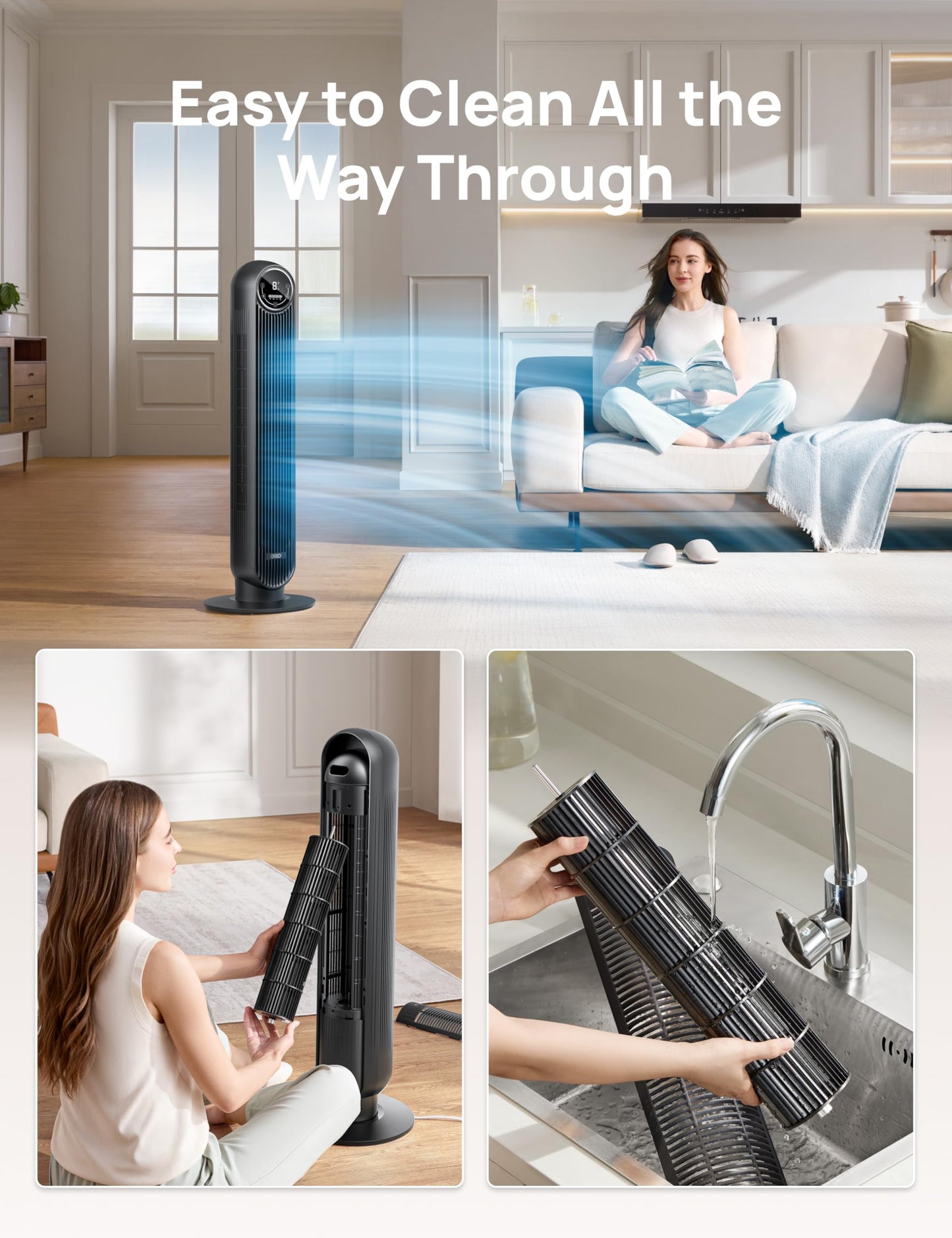 DREO Tower Fan for Bedroom, 2026 Upgraded DC Motor, 28ft/s High Velocity, 20dB Ultra Quiet Standing Fan, 8 Speeds 4 Modes, 90ยฐ Oscillating Bladeless Fan for Indoors, Floor Fans with Remote, Black