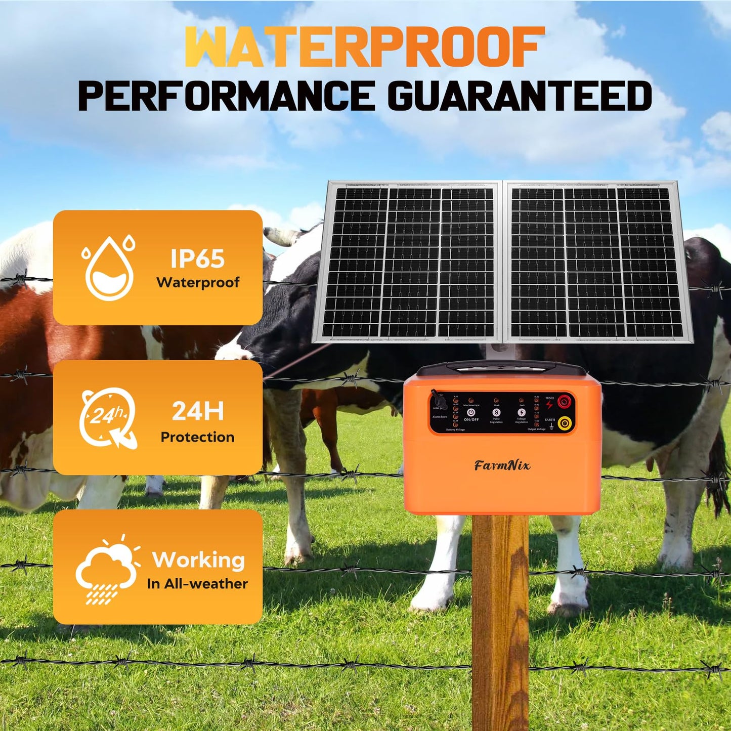 FarmNix 24 Hour Solar Electric Fence Charger, 30 Miles Solar Fence Energizer, 12KV Adjustable Output, 1.5J Solar Charger, 15W Solar Powered Electric Fence Kit for Livestock, Predator Protection