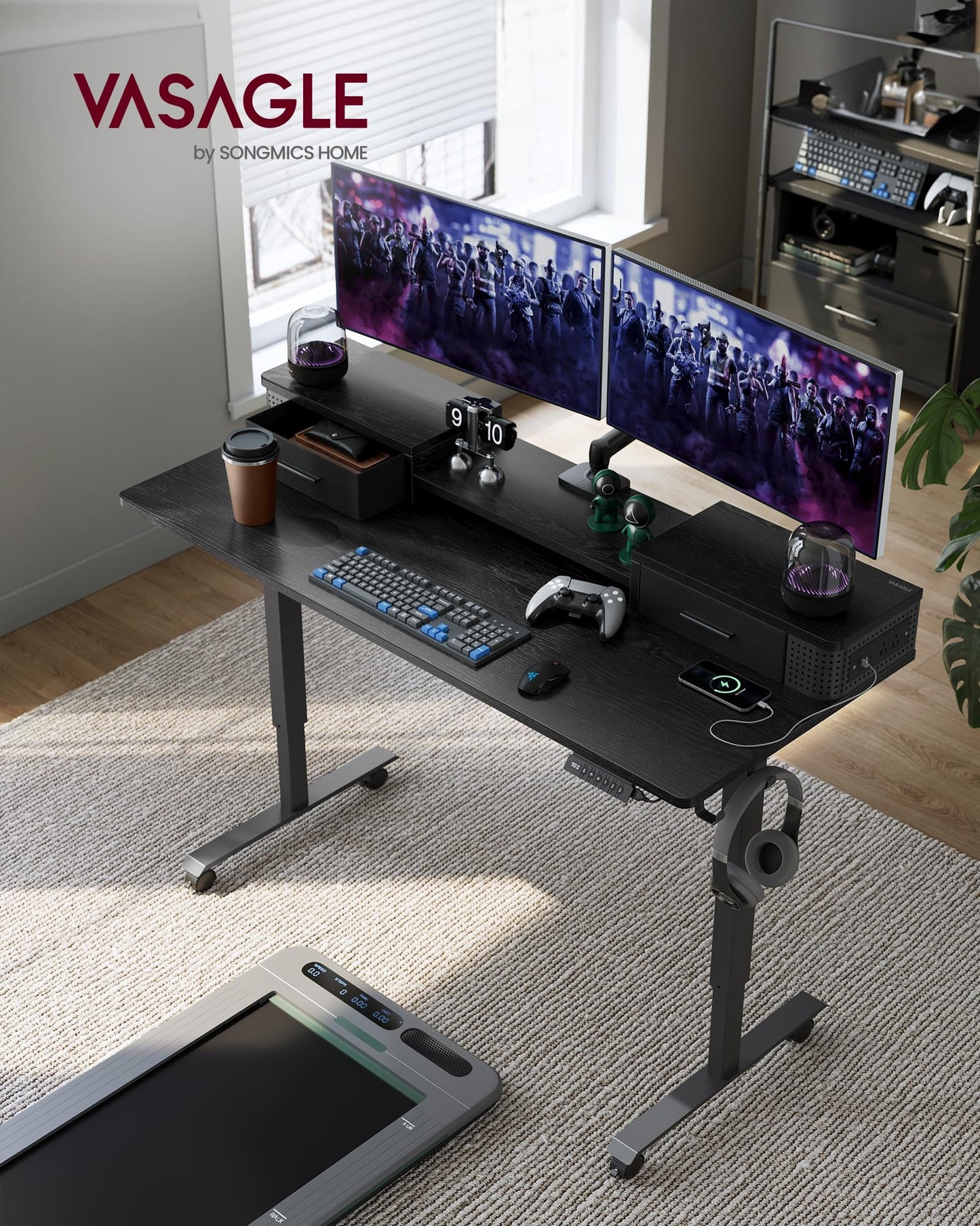 VASAGLE Electric Standing Desk with Drawers, 55.1 x 23.6 Inches, Sit Stand Desk with Power Outlet and LED Lights, Adjustable Height, Storage Shelf, 3 Memory Buttons, for Home Office, Ink Black