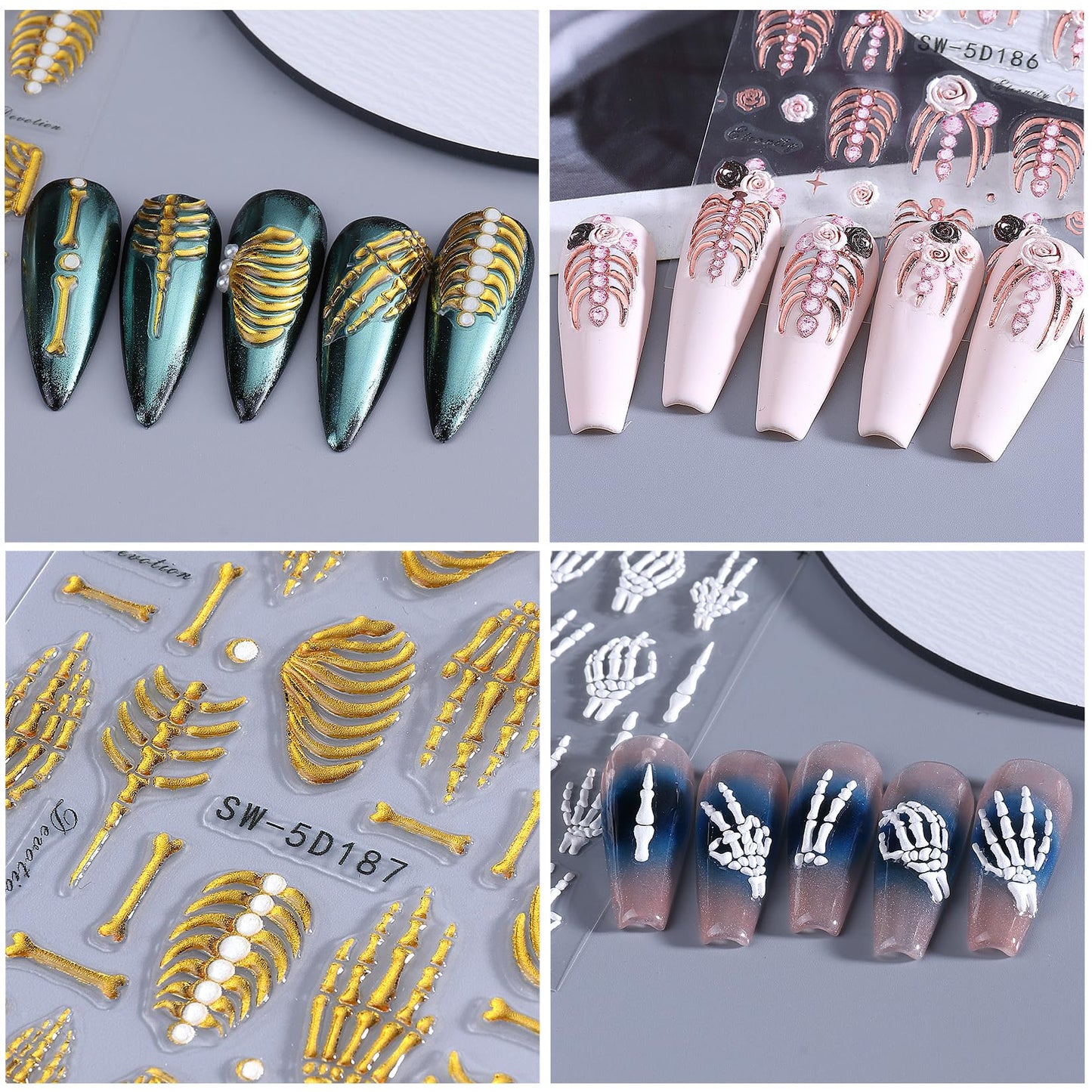 Gothic 5D Nail Art Stickers 10 PCS Embossed Skeleton Y2K Nail Decals Golden Rose Gold White Bone Skeleton Designs Goth Bat Self Adhesive Sliders Nail Art Decoration Manicure Accessories for DIY Party