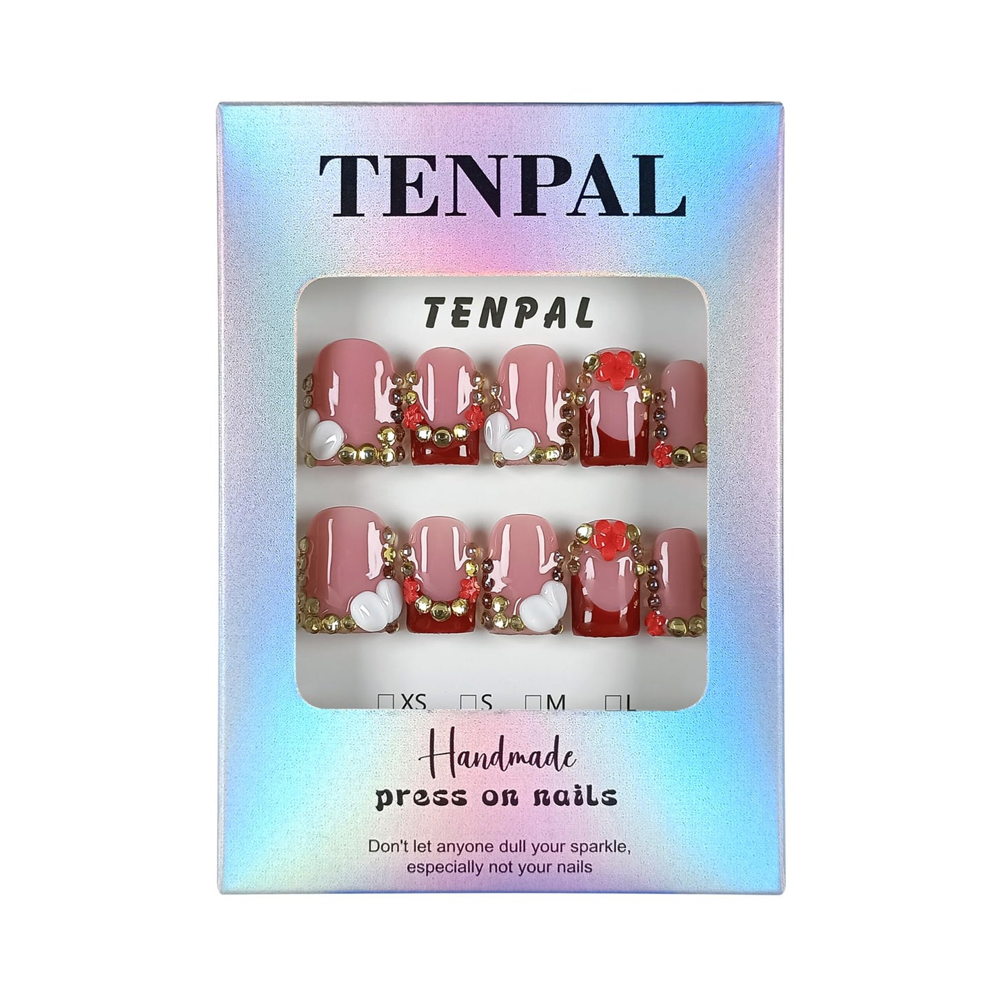 TENPAL Short Squoval Press on Nails - Red French Tip with Rhinestone Edge & Floral | Nude Pink Glossy Fake Nails | Clean Girl Manicure Set(S)