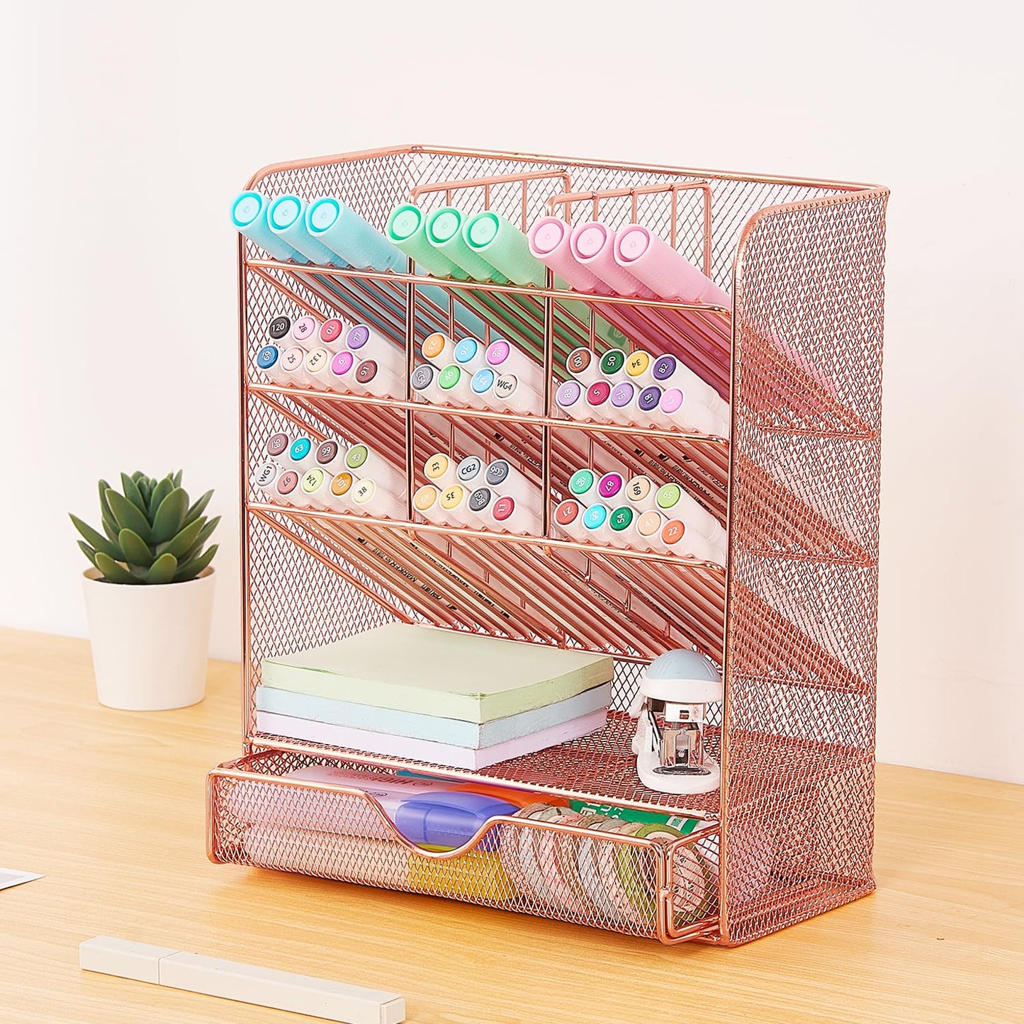 Spacrea Pen Holder Desk Organizer - Desk Organizers and Accessories, Pencil Holder with 10 Compartments and 1 Drawer(Rose Gold)