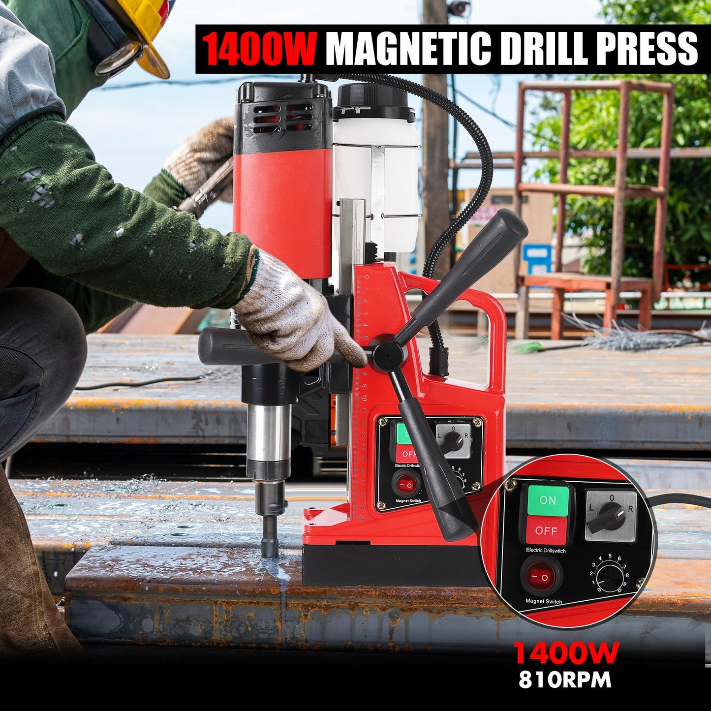 COZONY Mag Drill Press, 1400W 810RPM Portable Magnetic Drill Press, 10-Speed Core Electric Drilling Machine for Metal Working,10Pcs Annular Cutters Drilling Bits,Red