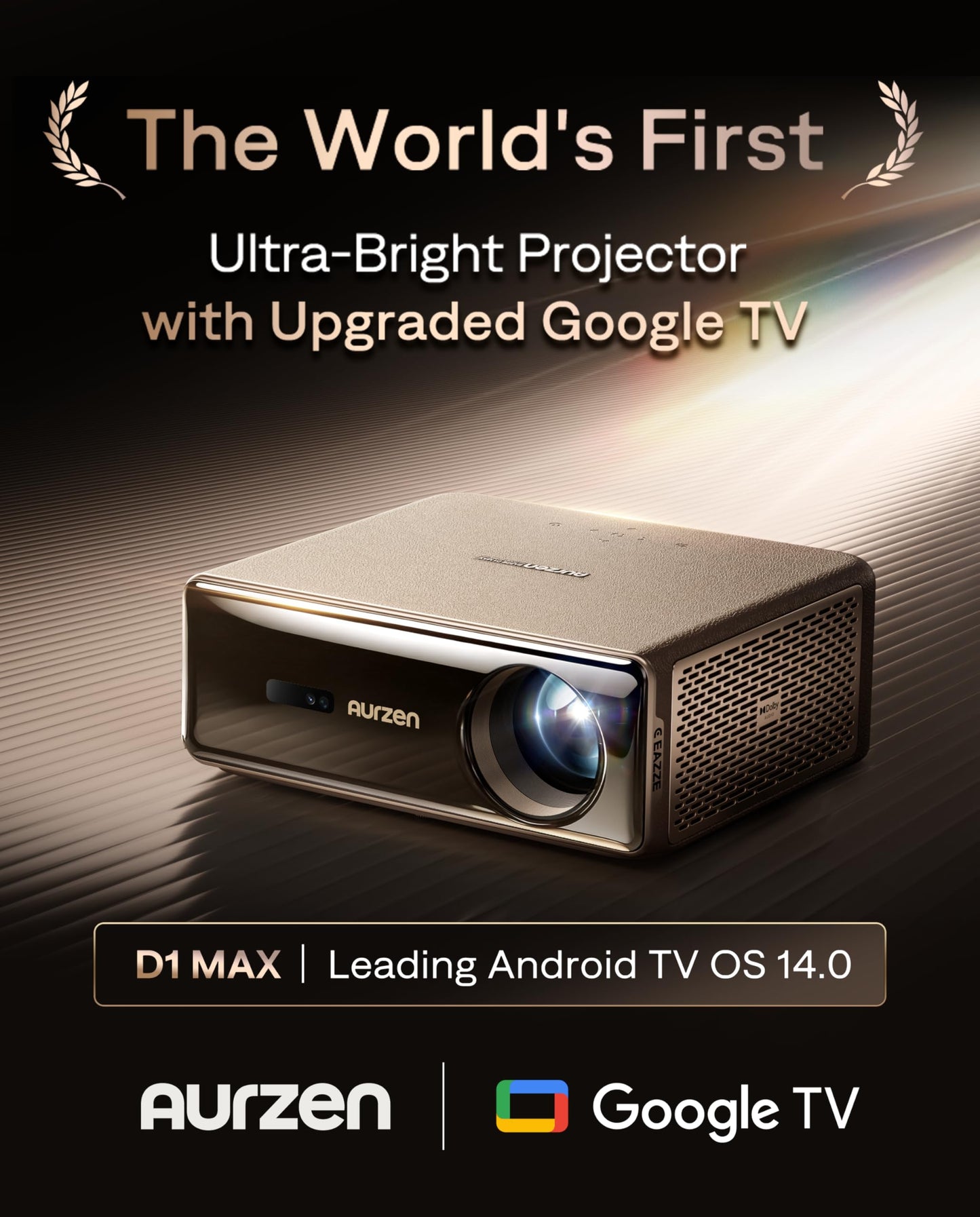 Aurzen EAZZE D1 MAX Upgraded Google TV Smart Projector 4K Supported, Ultra-Bright 1000 ANSI Lumens, MEMC Tech, Fully Automatics, 20W DoIby Audio, Home Theater Movie Projector with WiFi and Bluetooth