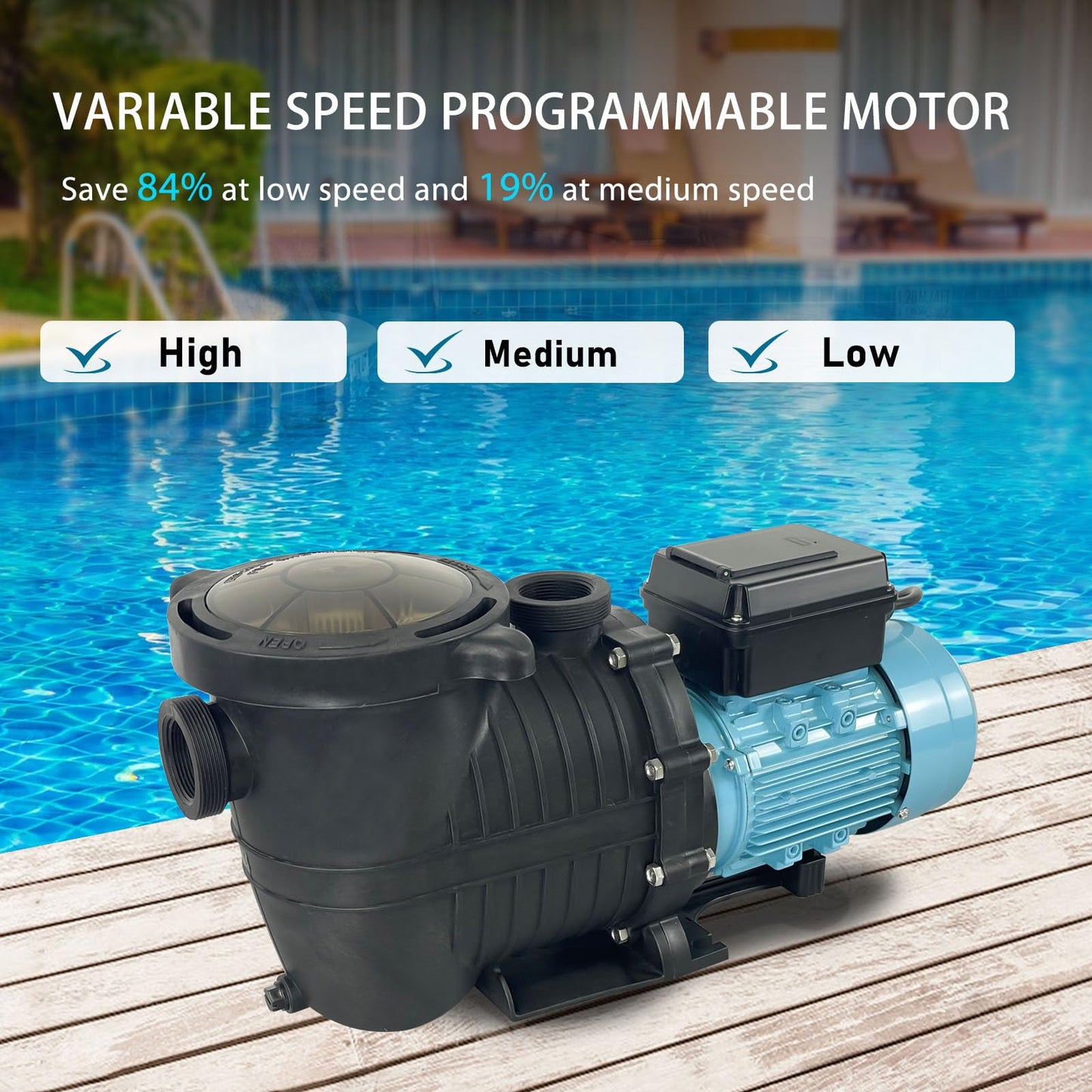 1.5 HP Variable Speed Pool Pump VS Multiple Speed Programmable Pump 230Vac 5880GPH Intelligent In/Above ground pool pump Compatible with 1.5"/2.0" Pipes & 1.25/1.5" Hoses
