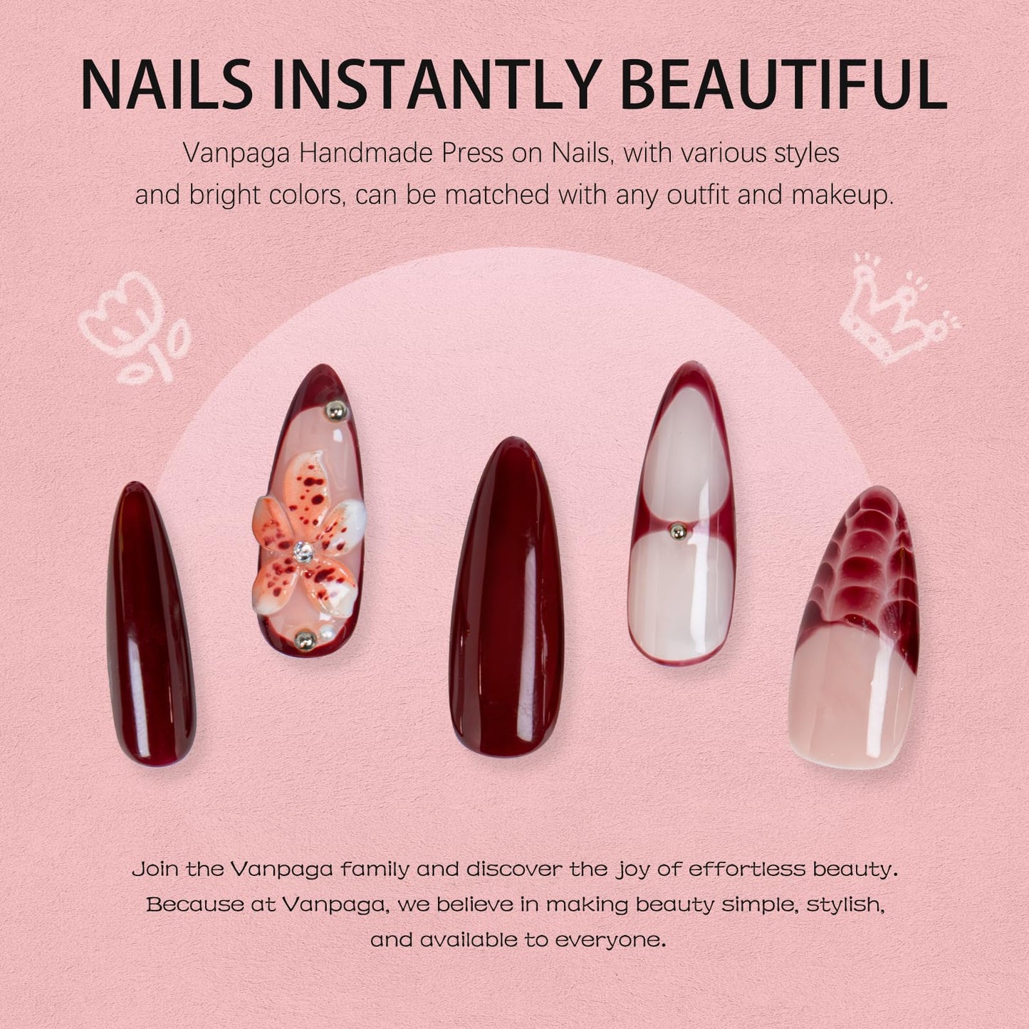 Vanpaga Handmade Stiletto Press on Nails Long Burgundy Glossy Gel Nails with 3D Flower Rhinestone Design, Reusable Stick on Fake Nails for Women (Size M)