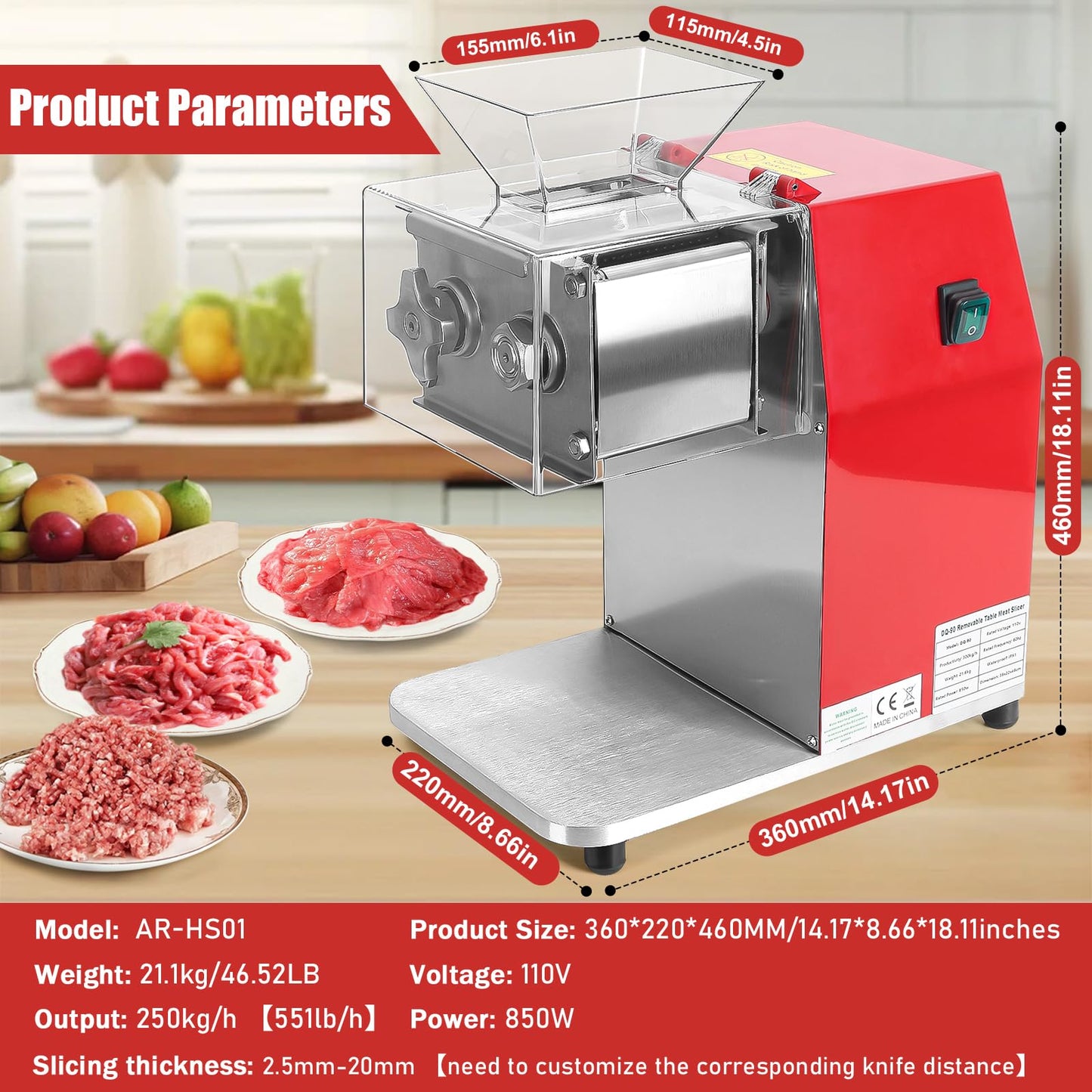 ARLUMA Meat Cutter Machine,850W Commercial Meat Slicer,Stainless Steel Electric Meat Slicer Machine for Home Kitchen,Restaurant,Supermarket (5MM)