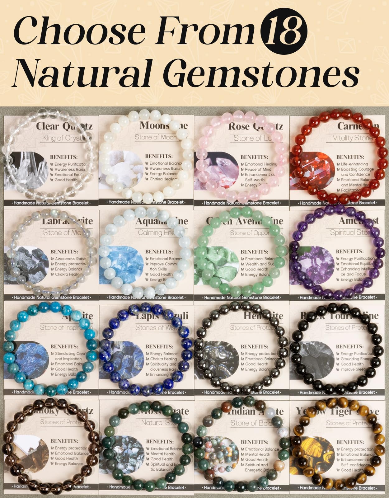 Landorilo Beaded Bracelet for Men Women, 8mm Natural Stone Moonstone Healing Crystal Stretch Bracelets, Ideal Christmas Birthday Jewelry Gifts with Energy Card,Replacement Beads Included