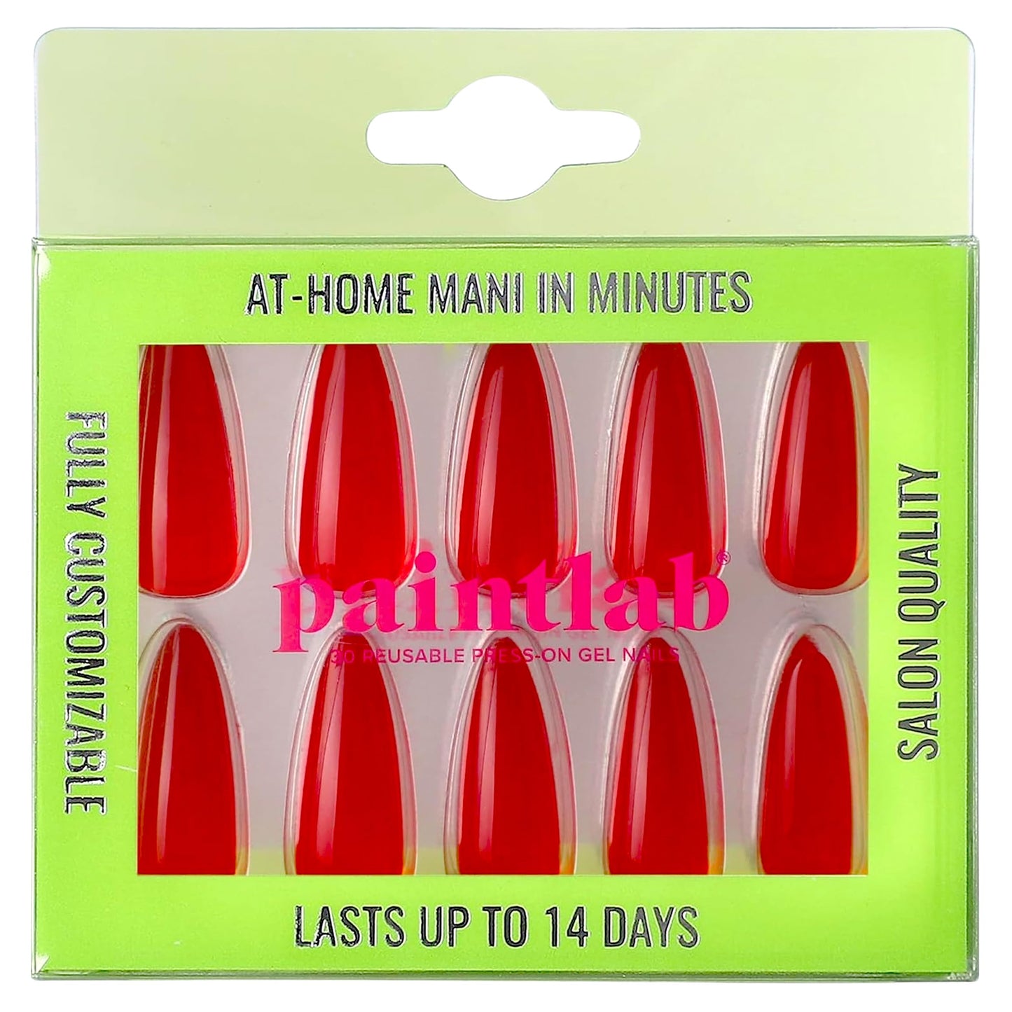 PaintLab Press On Nails - Red Jealous Stiletto Fake Nails, 30 Nails in 15 Sizes with Glue, Reusable Salon Quality Press On Nails