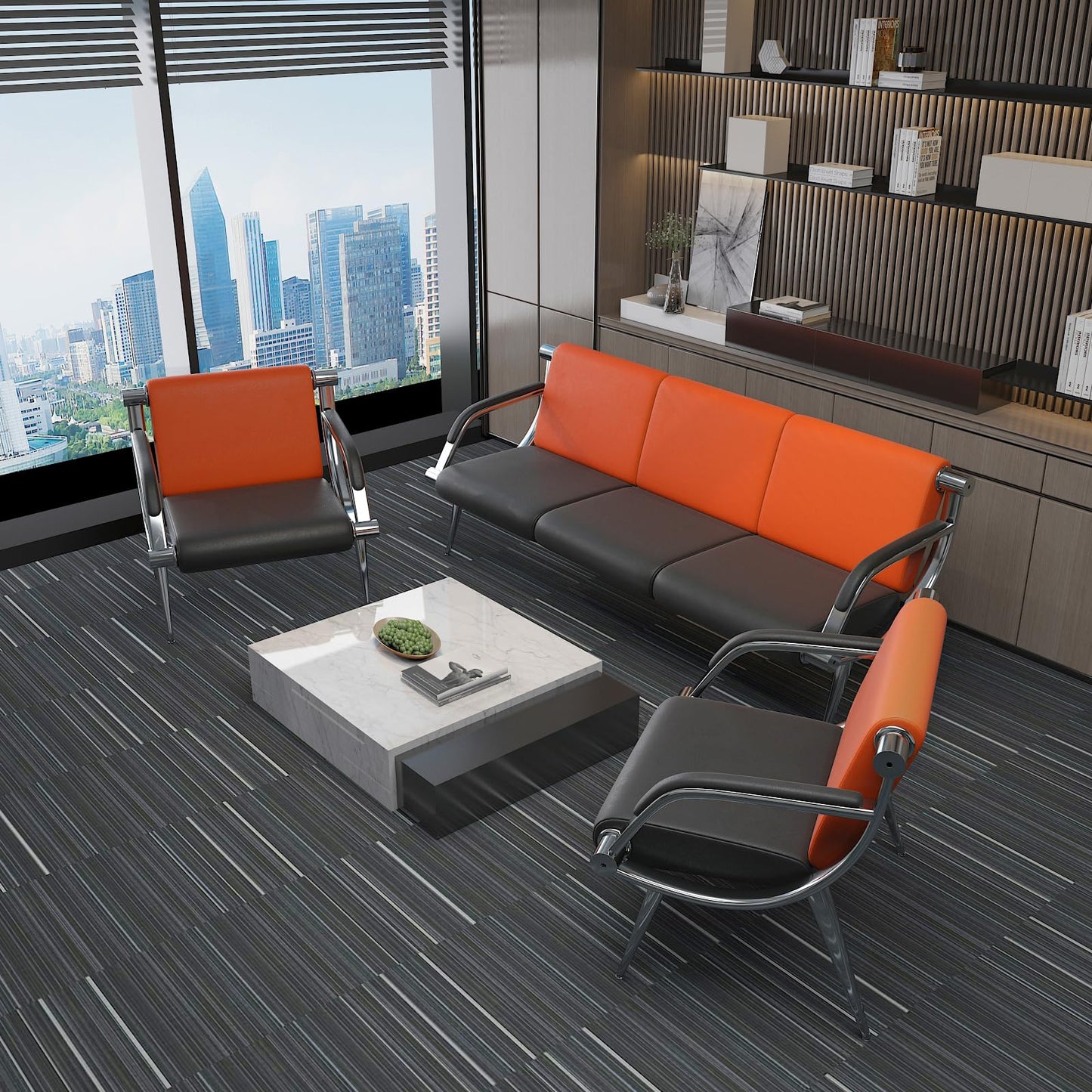 wonline 2Pcs Waiting Room Chair with Armrest PU Leather Office Furniture, Office Guest Seating Lobby Conference Reception Chairs for Airport Clinic Hospital Bank Salon Barber(Orange&Black)