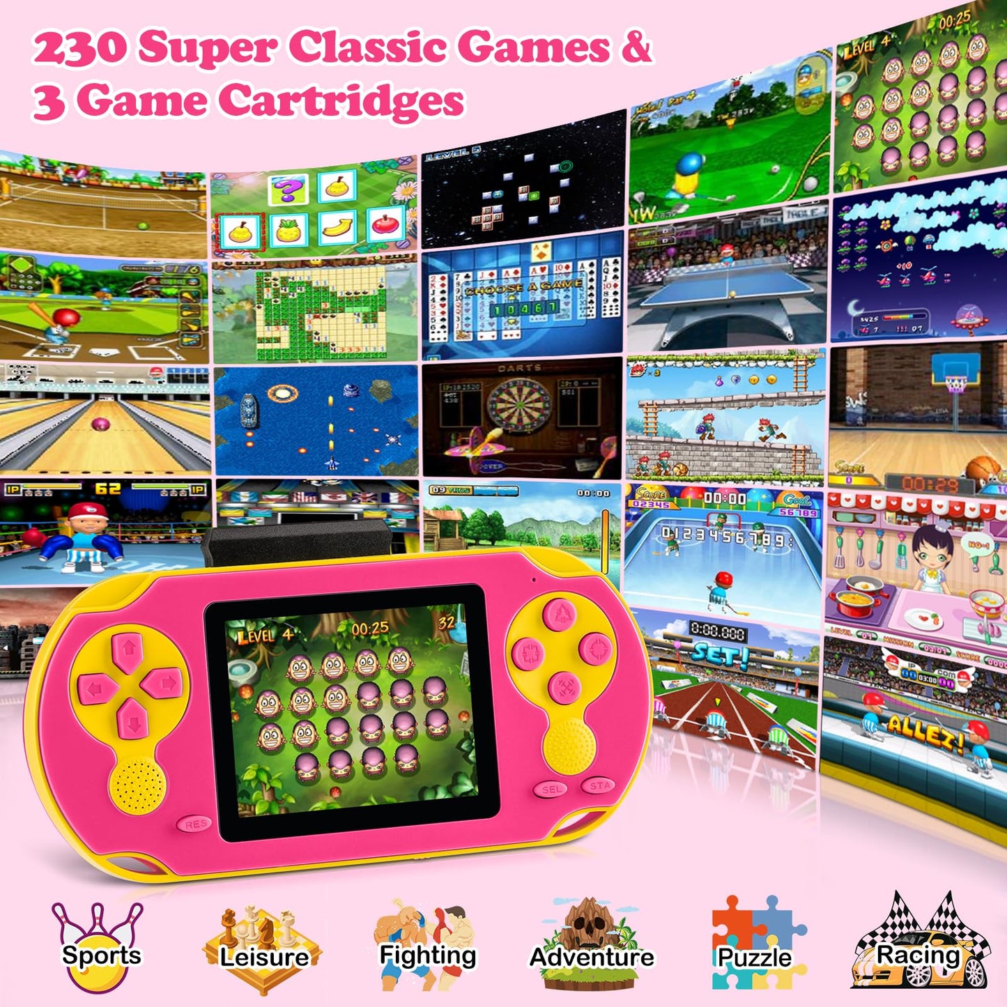 16 Bit Handheld Game for Kids, Video Game Player with Built in 230 HD Games, 3.0'' Screen Retro Electronic Machine with 3 Cartridges, Portable Rechargeable Games for Ages 3-12 (Rose Red)