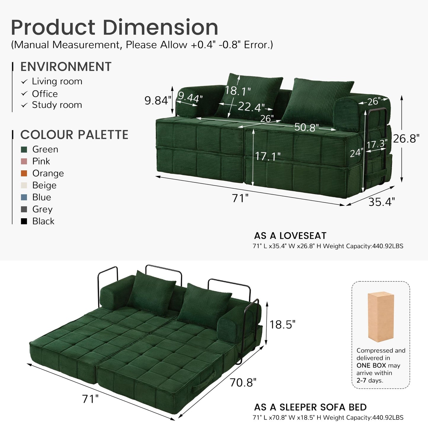 Korser 6-in-1 Convertible Sleeper Sofa Bed, Corduroy Folding Mattress Couch with Fixed-Shape Frame, Modular Foldable Boneless Couch, Loveseat Couches with 2 Pillows, for Living Room, Bedroom, Green