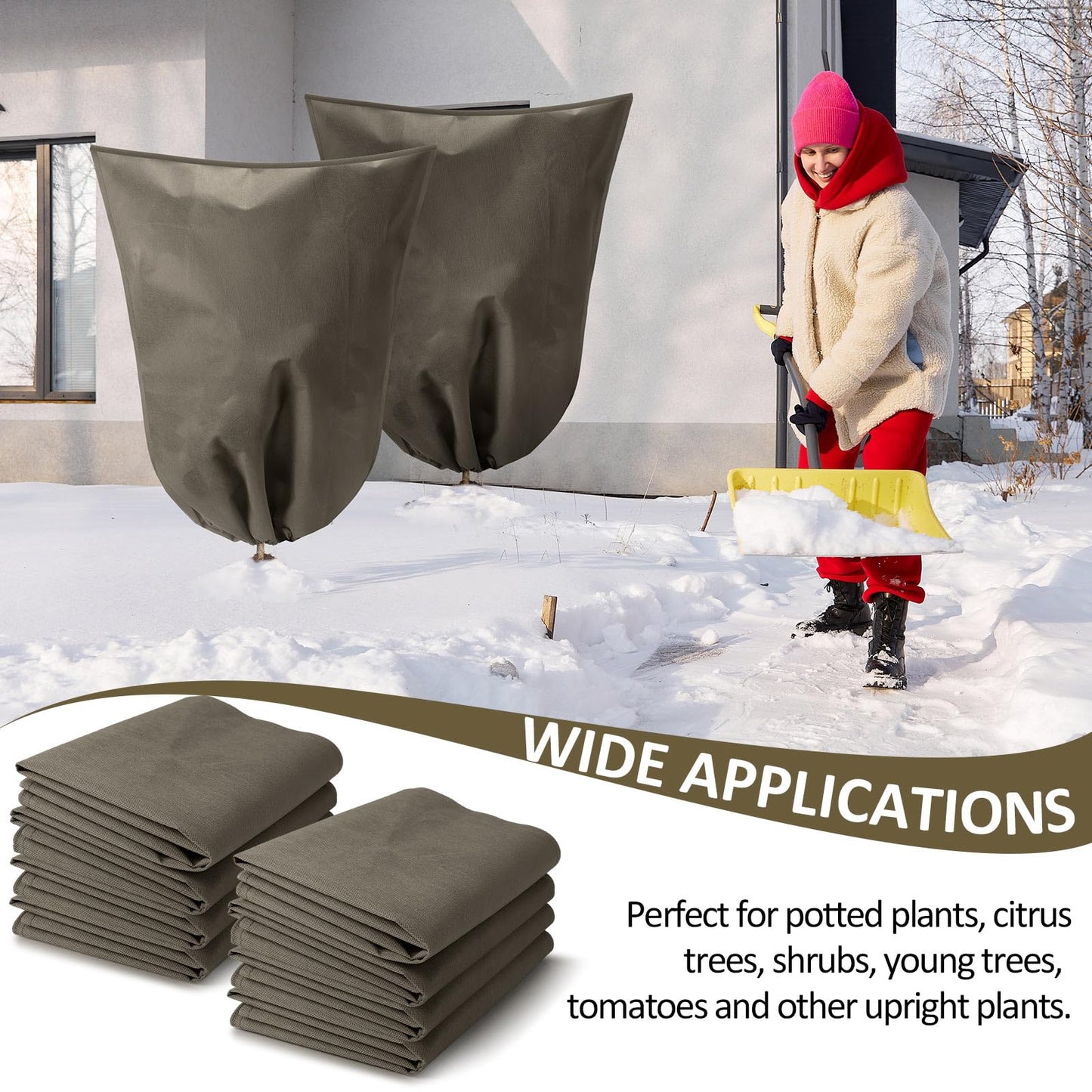 Wesnoy 12 Packs Winter Plant Covers Freeze Protection Drawstring Tree Cover 23.62 x 31.5 in Large Reusable Frost Protection for Plants Fruit Tree Shrub, Outdoor Prevention Bag (Brown)