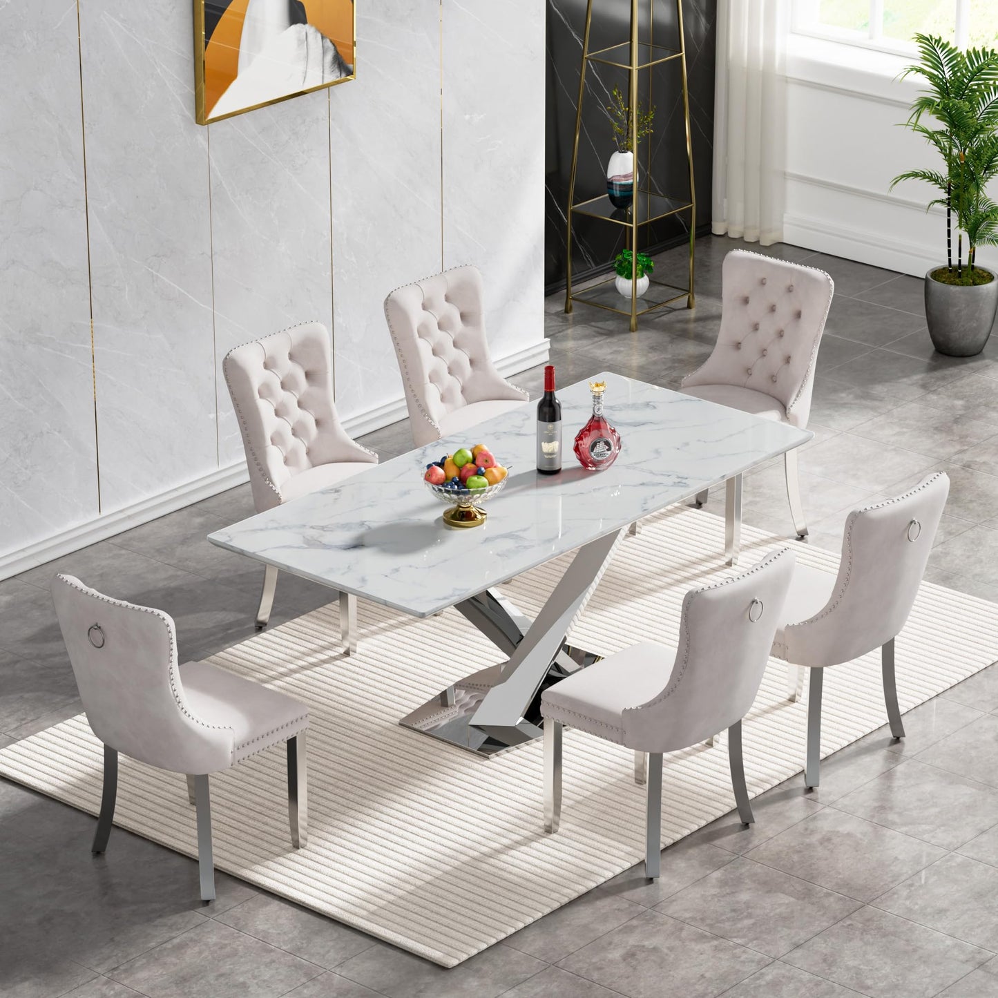 Pvillez 7 Piece Faux Marble Dining Table Set for 6, 70" White Silver Kitchen Table Set with X-Shape Stainless Steel Base, Modern Dining Room Table Set with 6 Beige Velvet Chairs for Kitchen Dining