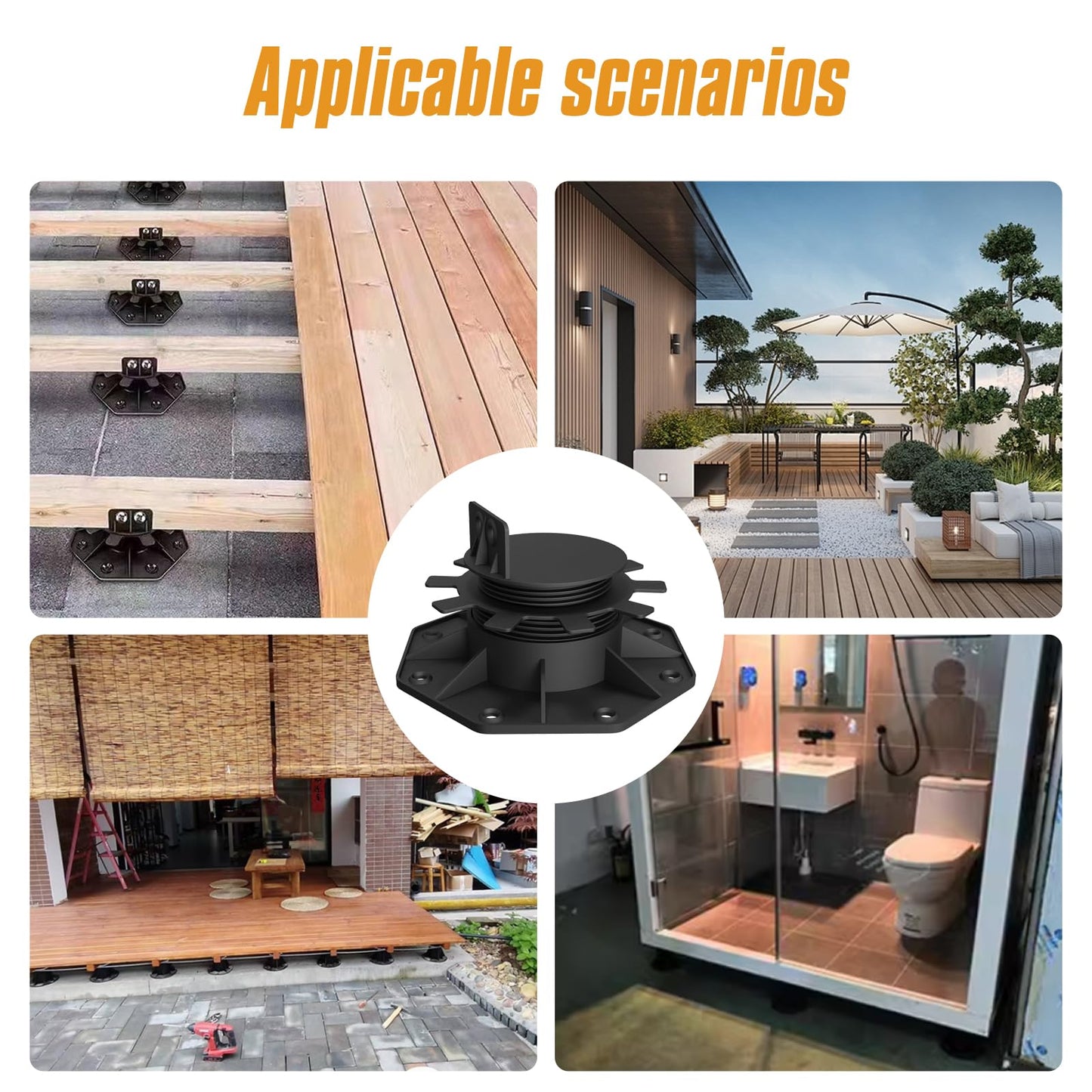 Deckit 12-Pack Adjustable Deck Support Pedestals, 1.18"–2.36" (30–60 mm), for 2×4 & 2×6 Joist Framing, Ground Support & Leveling for Patio, Shed Base & Floating Deck, Includes Joist Tape