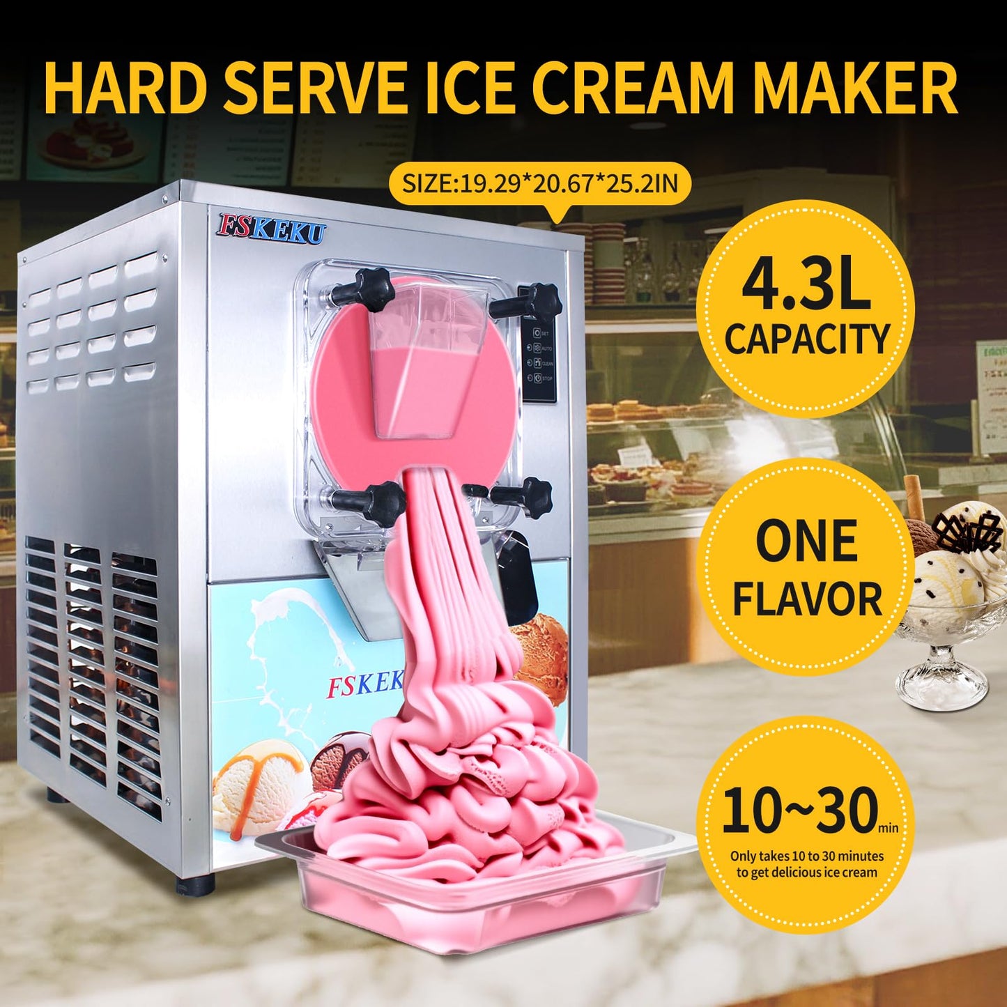FSKEKU Commercial Ice Cream Maker: Countertop Hard Serve Ice Cream Machines for Home - 1400W 4.2~5.3GPH with 1.14Gal Capacity Single-flavor Ice Cream for Snack Bar Restaurant Dessert Shop Supermaket