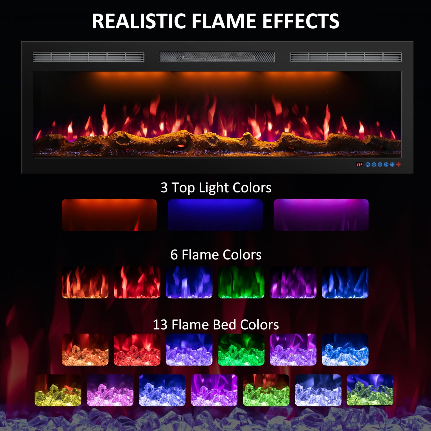 Mystflame 50 Inch WiFi Electric Fireplace Heater, Recessed or Wall Mounted, Ultra‑Slim 5.51" Deep, 750/1500W, 12 Flame Colors & 12 Ember Bed Colors,Remote & App Control, Works with Alexa & Google Home
