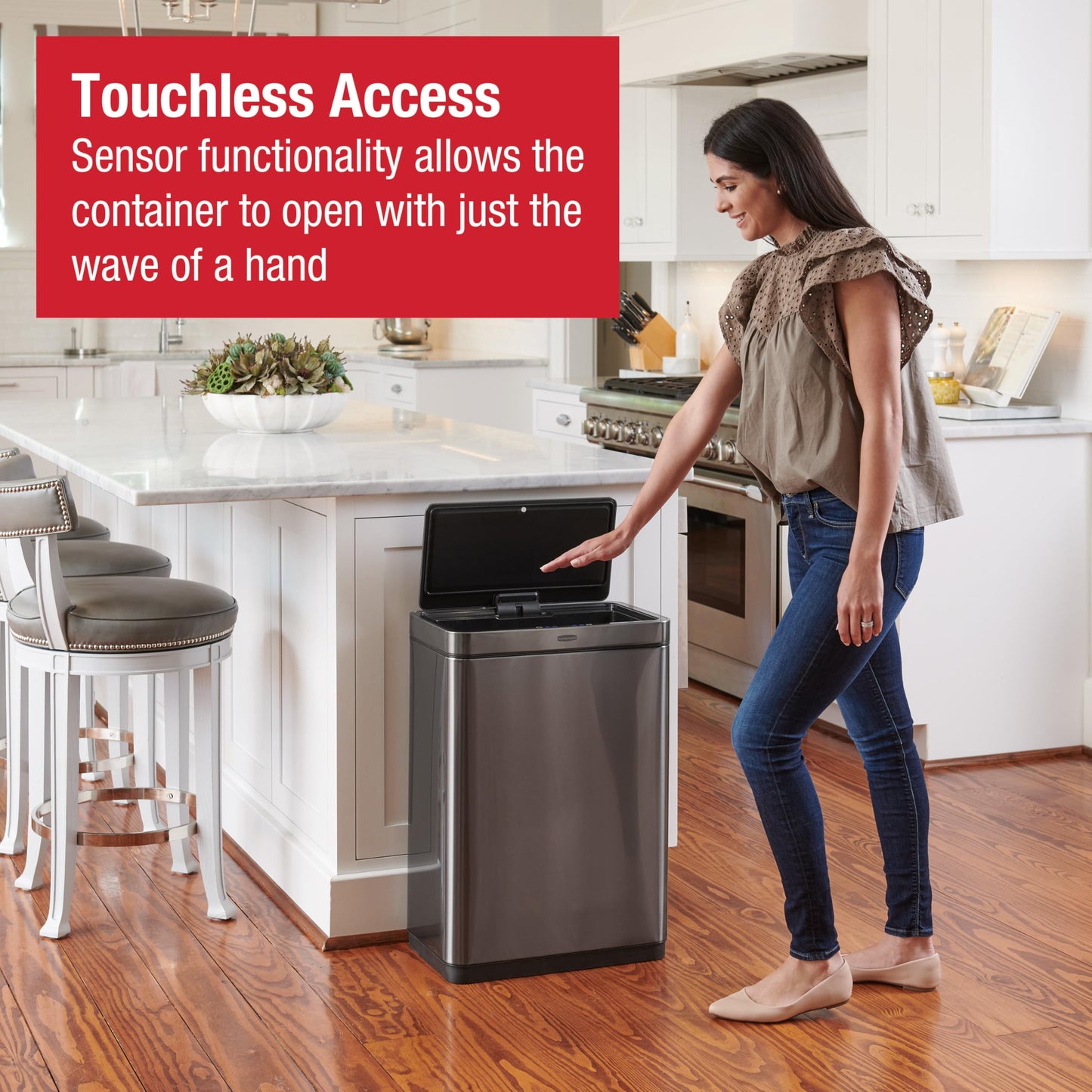 Rubbermaid Elite Stainless Steel Sensor Trash Can for Home and Kitchen Batteries Included 12.4 Gallon Charcoal for Home/Kitchen/Hotel/Lobby/Office