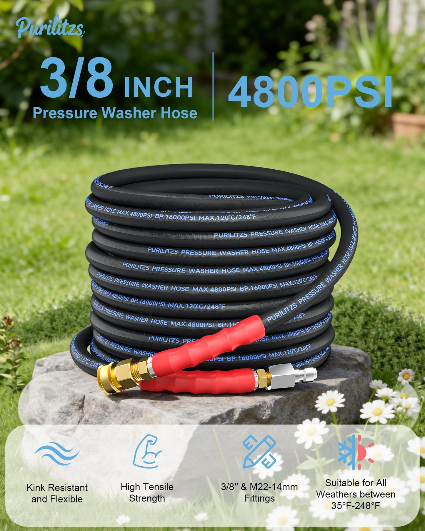 Purilitzs 3/8'' Pressure Washer Hose 200FT 4800PSI, Kink Resistant Power Washer Hose Steel Wire Braided with Swivel Quick Connect & 2PCS M22 Adapter, Non Marking Commercial Grade Pressure Water Hose