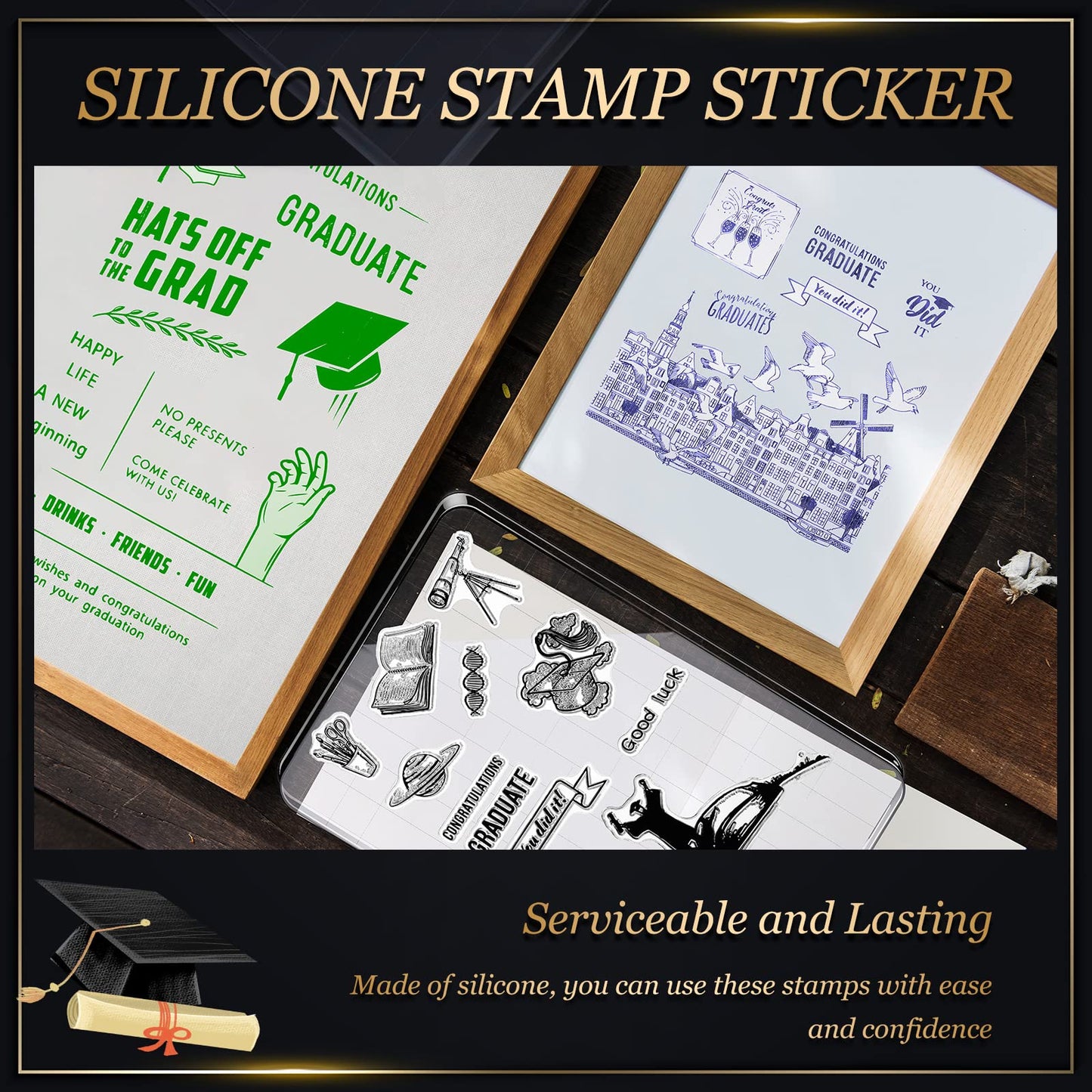 6 Sheets Graduation Silicone Clear Stamps Seal Set Acrylic Stamp Blocks Tools with Grid Lines DIY Scrapbooking Crafts Making Simply Rubber Stamps for Cards Congratulations Graduate