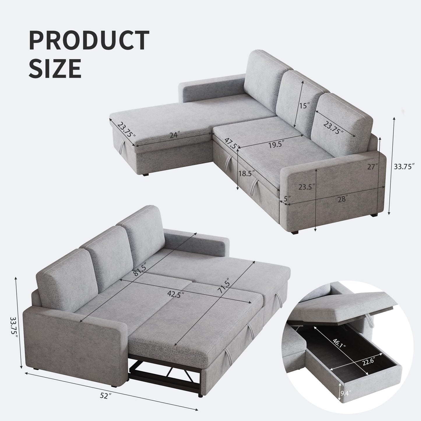 FAVSH 81-Inch L-Shape Sectional Couch, 4-in-1 Multifunctional Pull-Out Couch Sleeper Sofa with Storage Chaise & Removable Back Cushions, for Living Room/Office/Apartment (Light Gray)