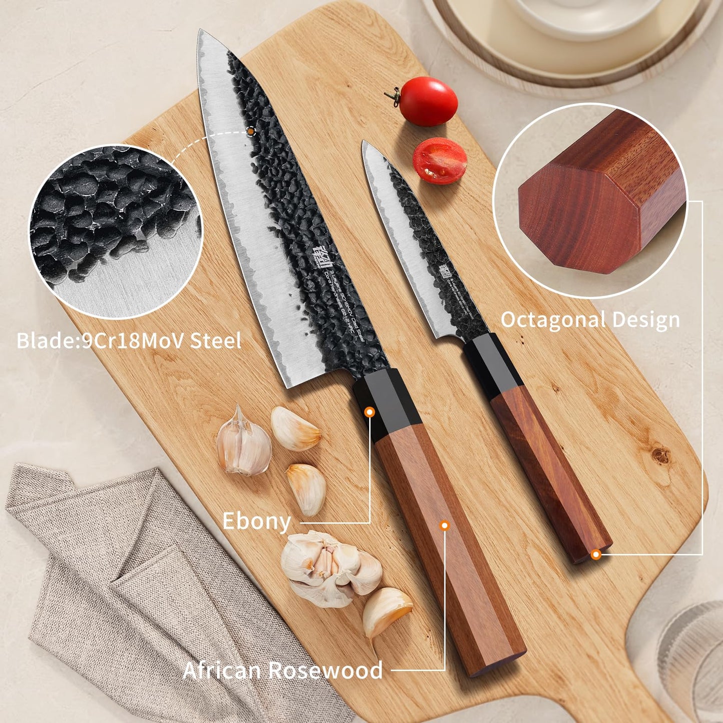 FINDKING Dynasty Series 4PCS Kitchen Knife Set, Professional Japanese Chef Knife Set, 9Cr18MoV High Carbon Steel Blade, African Rosewood Octagonal Handle, for Meat, Fruits, Vegetables