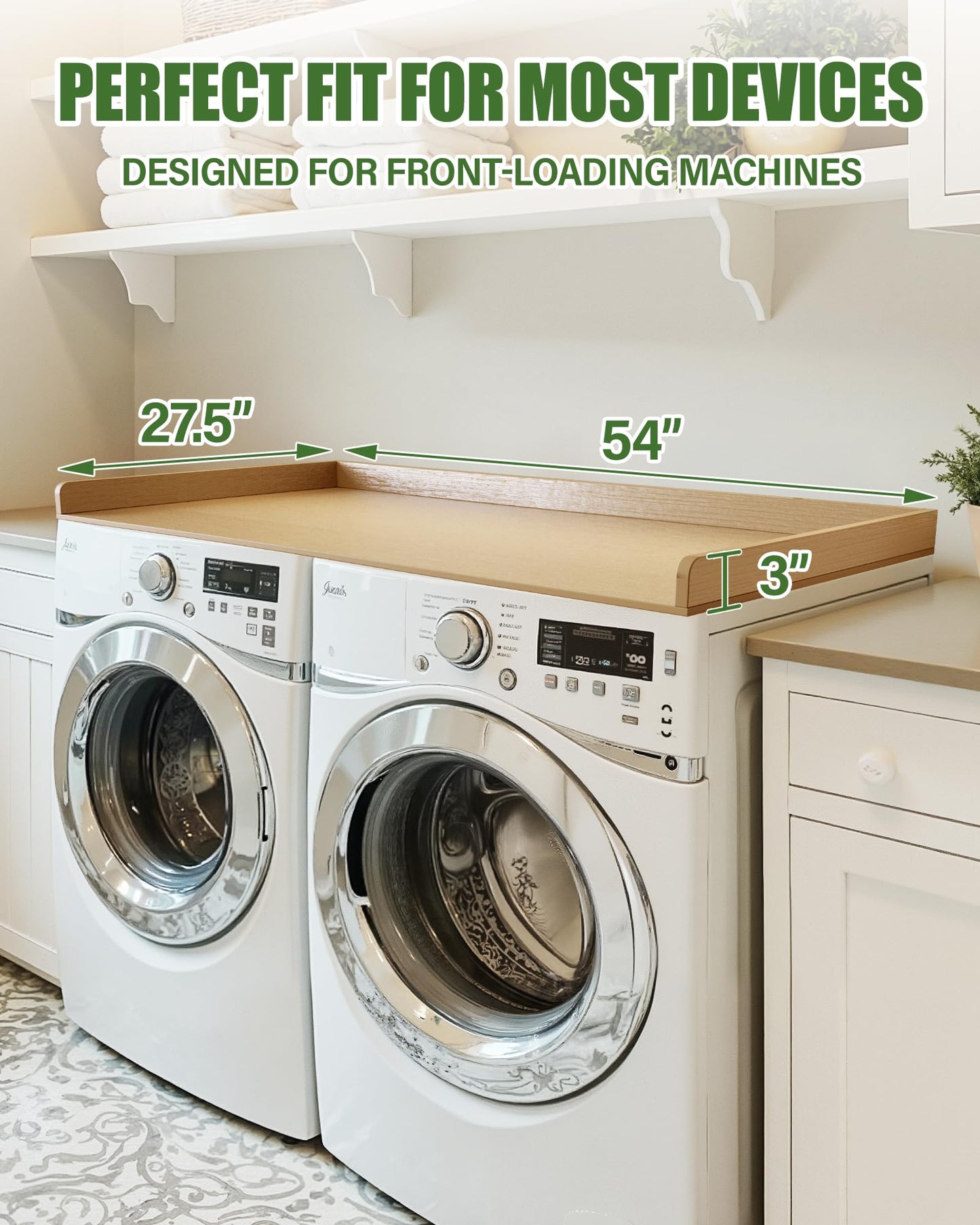 Washer Dryer Topper 54"x27.5" – Premium HD Polymer Laundry Countertop, Waterproof and Durable Washer Dryer Countertop with Raised Edges for Folding Clothes, Sorting Laundry, and Extra Storage