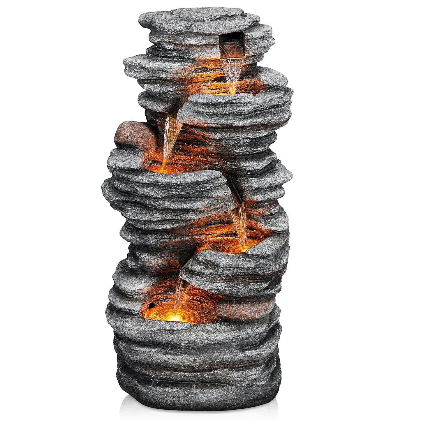 Jocoevol 40" Outdoor Water Fountain with LED Lights - 5-Tier Cascading Rock Waterfall Fountain, Natural Rock Look, Ideal for Garden, Landscaping, Patio, Balconies and Yard Decor