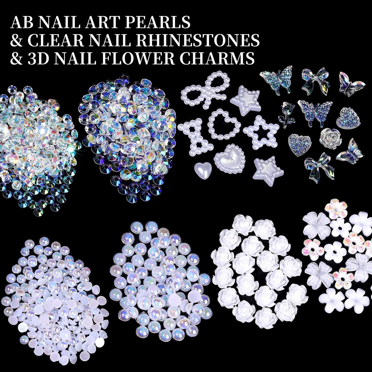 FAMDAMEI 24 Grid Flat Back Pearls and Rhinestones for Dazzling Kit, Clear White Pink Pearls Flatback Resin Jelly Rhinestones,Flower 3D Nail Charms and Gems for Crafting Rhinestone for Crafts