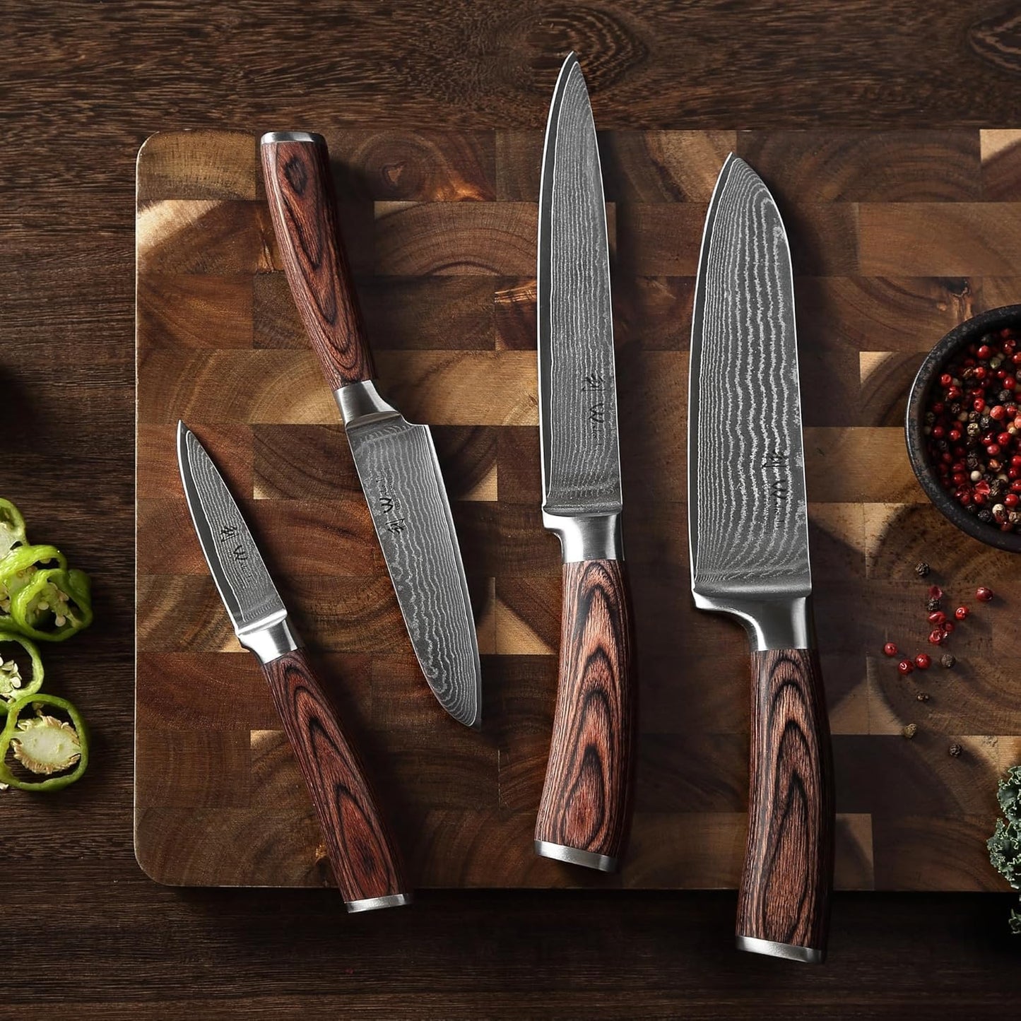 Wakoli EDIB 4-Piece Damascus Knife Set – Professional Chef Knives Set with VG10 Core Blades, 67-Layer Damascus Steel and Ergonomic Pakkawood Handles – Premium Kitchen Knives in Elegant Gift Box