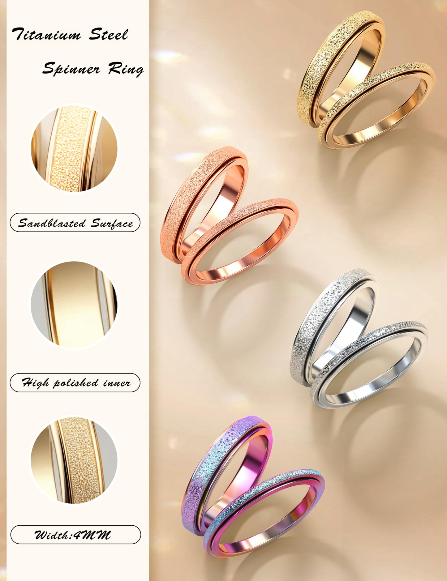 Diamday Fidget Rings for Women Men - 4mm Gold Spinner Stainless Steel Ring for Anxiety Stress Relief Glitter Sandblast Spinning Figit Anxiety Jewelry for Wedding Promise Size 9