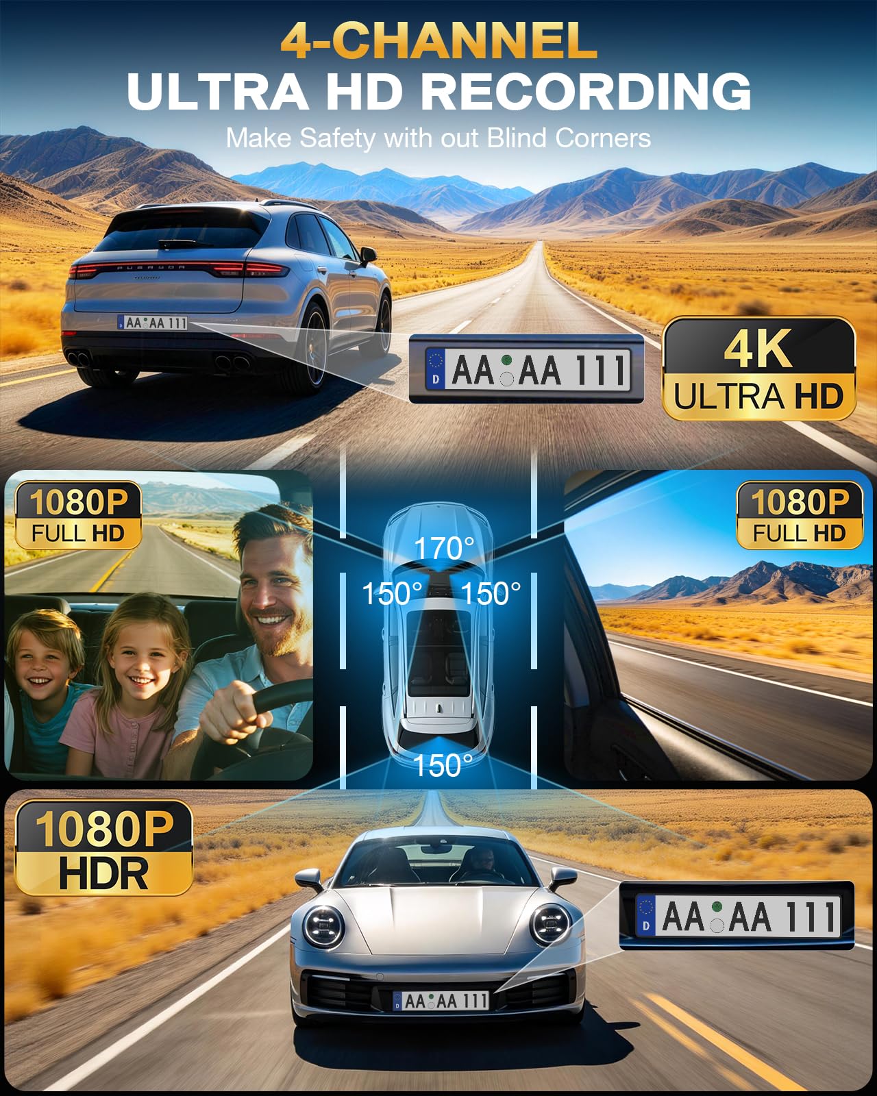 4 Channel 360° Dash Cam Front Rear and Left Right Inside, 4K+1080P*3 Dash Camera for Cars with Free 128GB SD Card, 5.8GHz WiFi-30MB/s, 24H Parking Mode, G-Sensor, GPS, Night Vision, Voice Control
