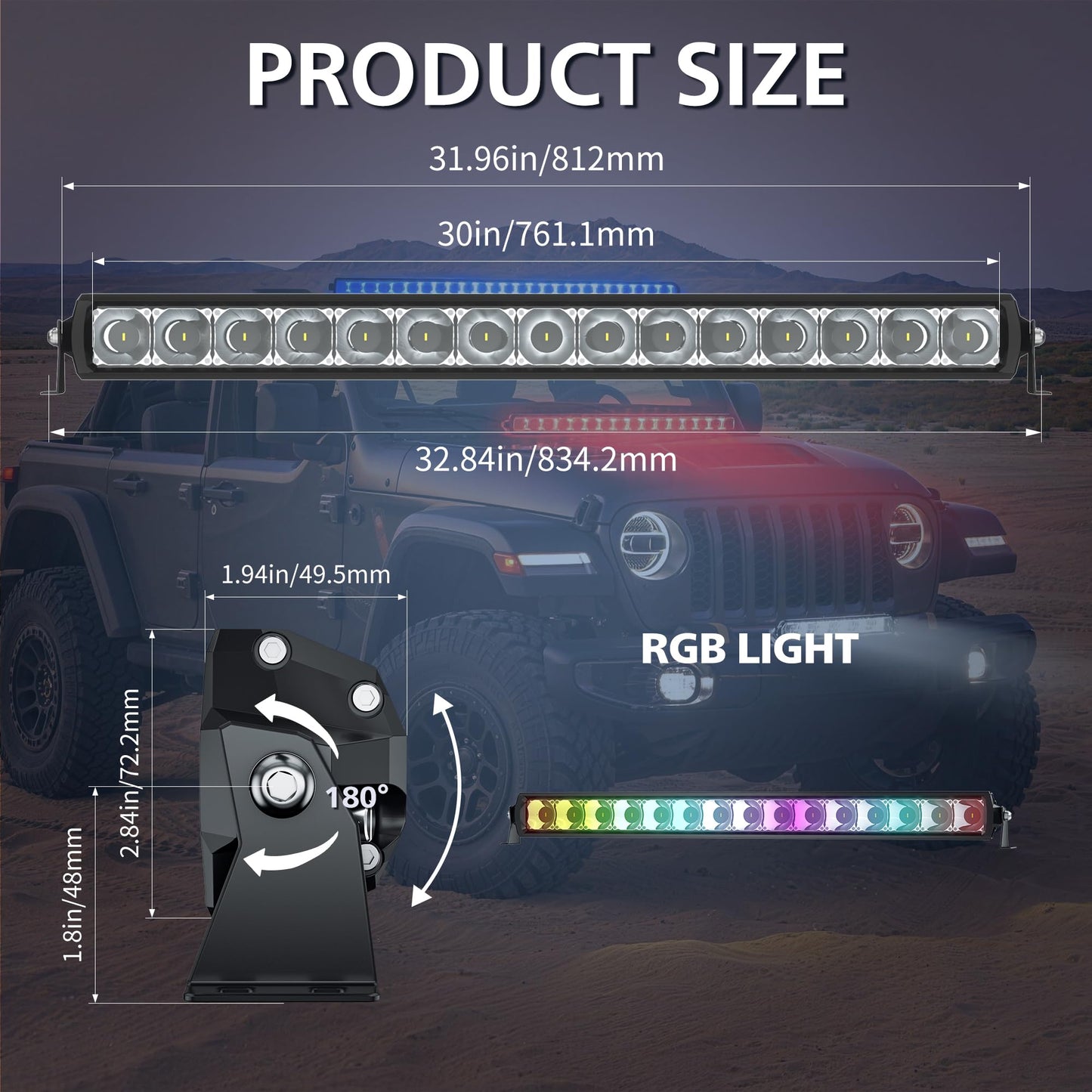 4WDKING RGB LED Light Bar for Pickup,32 inch Multi-Color Flood Spot Combo LED Fog Driving Pods IP68&IP69K Waterproof for Wrangler Jeep ATV UTV Cars Off Road Boat Lights