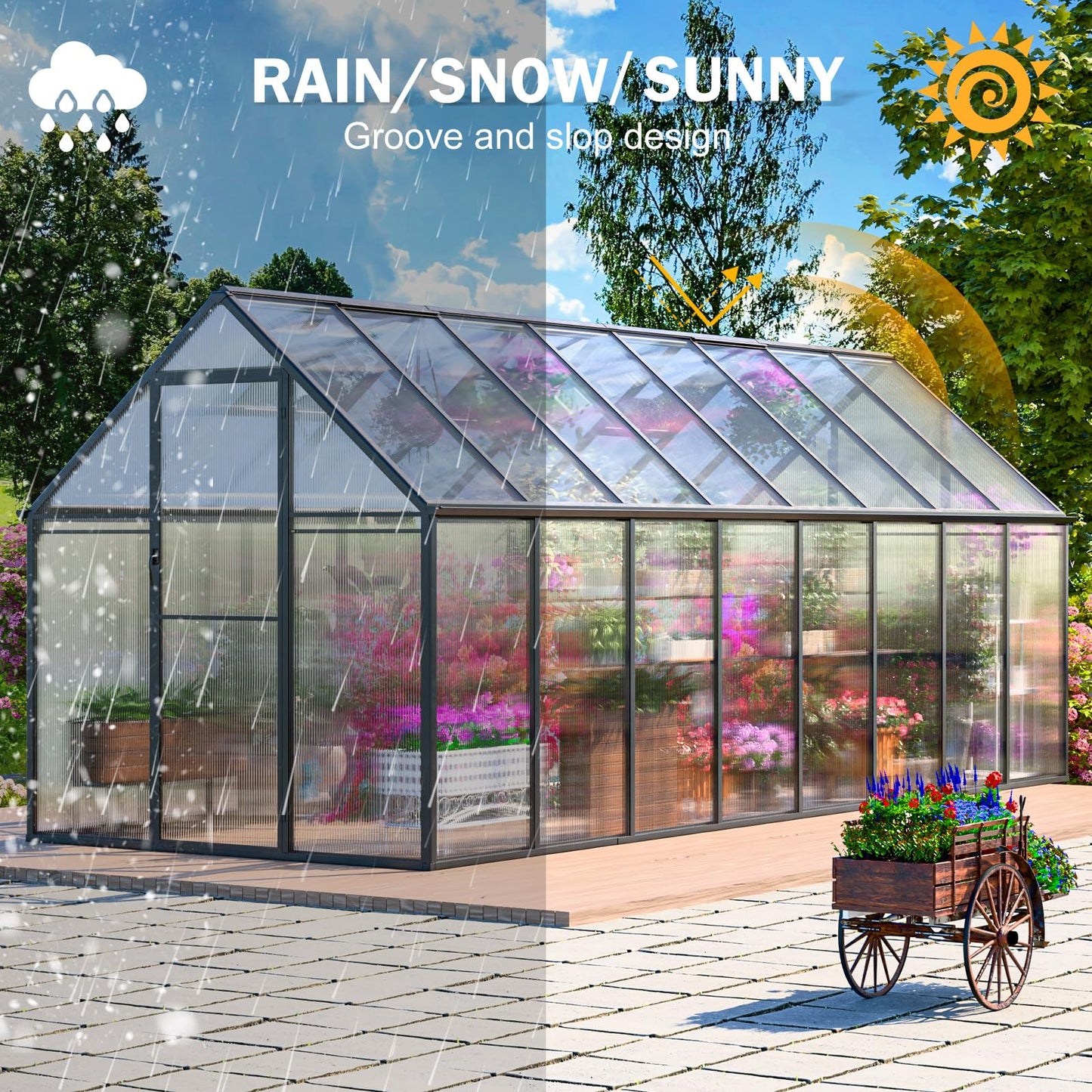CDCASA 16x6 FT Greenhouse for Outdoors, Easy Assembly Large Aluminum Heavy Duty Polycarbonate Greenhouses Kit w/2 Window, Swing Door, Walk-in Green House for Outsides, Sunroom, Backyard, Garden