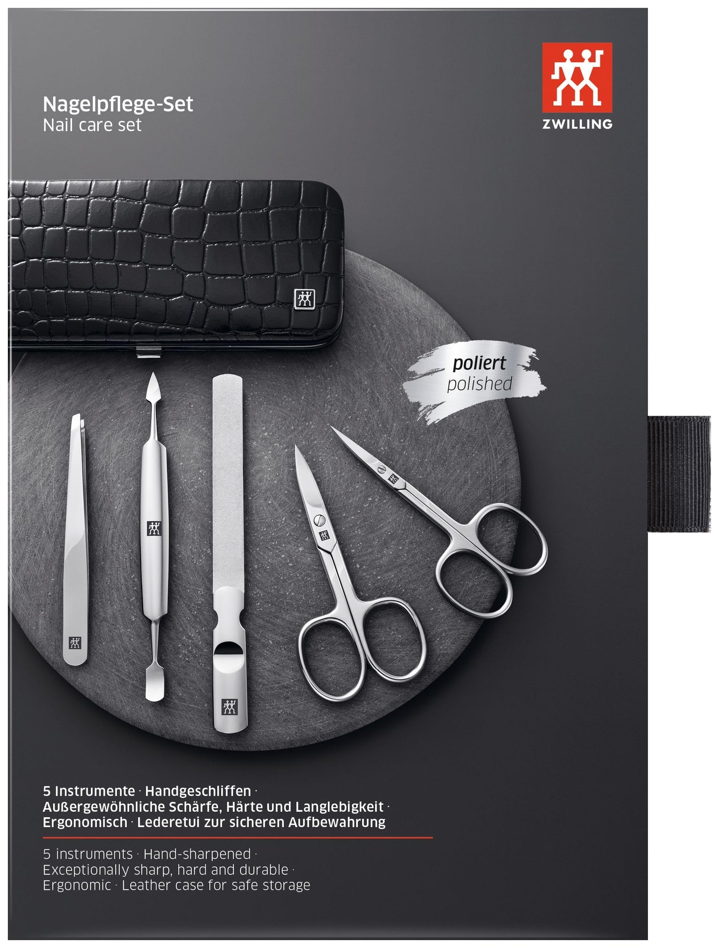 ZWILLING Manicure Set (5 piece, for fingernail and toenail care, genuine leather case with metal frame), Polished Stainless Steel, Crocodile Edition, Black