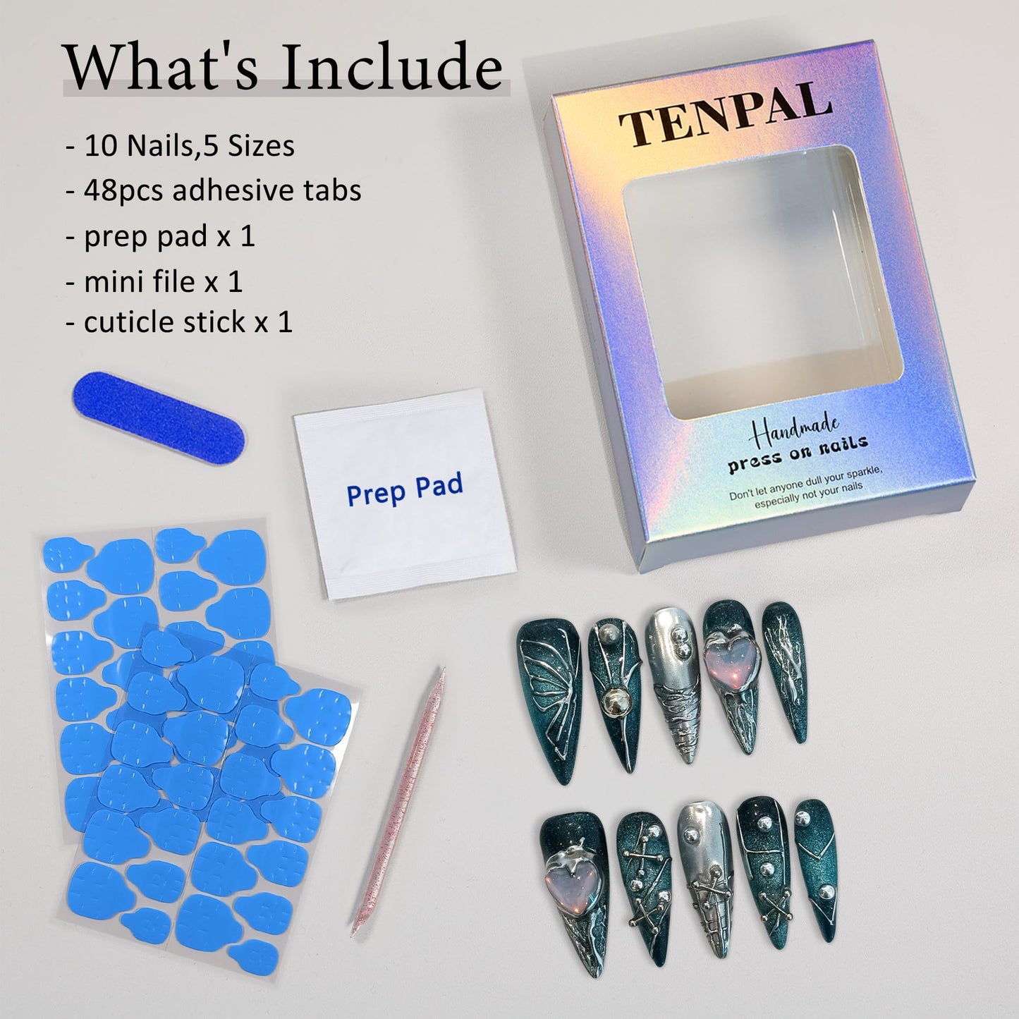 TENPAL Handmade Press on Nails Long Stiletto,Galaxy Ombre Blue-Black Fake Nails with 3D Butterflies Cross Beads Gem Stones,Edgy Y2K Metal Embossed Meteor Glitter Design Salon False Nail Kit 10pcs(XS)