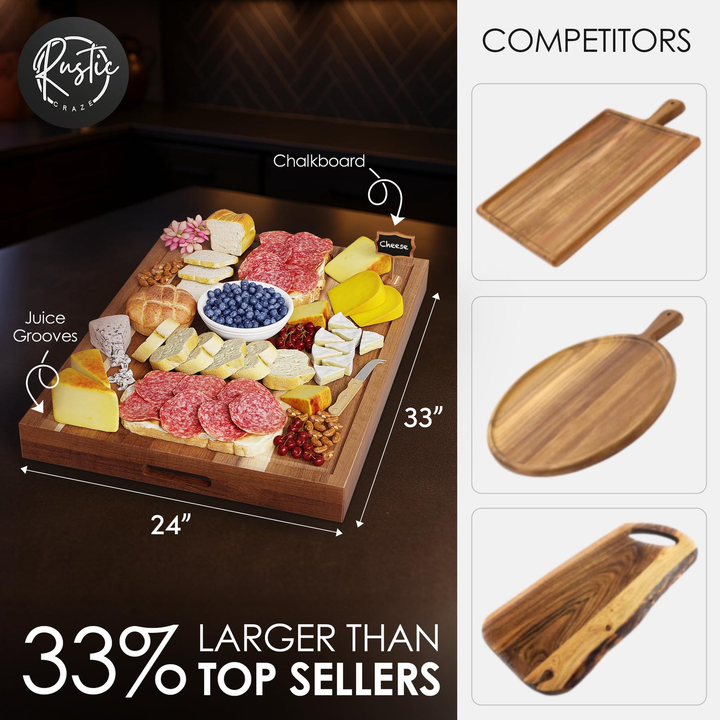 Rustic Craze 33"x 24" EXTRA LARGE Acacia Wood Cutting Board for Kitchen w/Juice Grooves, Tray Handles, Gift Box, Butcher Block, Serving & Charcuterie Tray, 10 Chalkboard Labels w/Chalk Pens