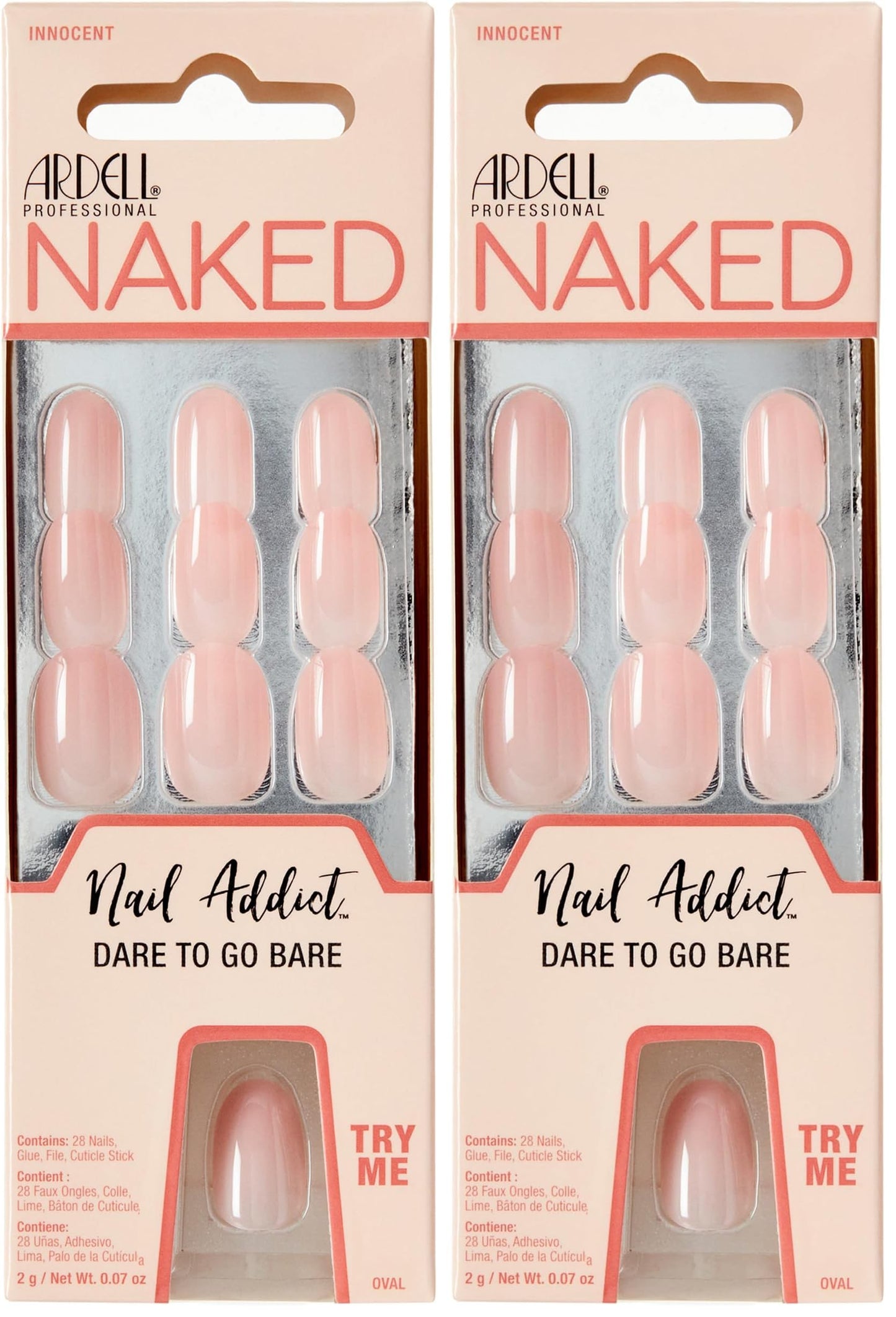 Ardell Nail Addict Naked Innocent, Press On Nails, Short Round Shape, Nail Kit, 2-Pack