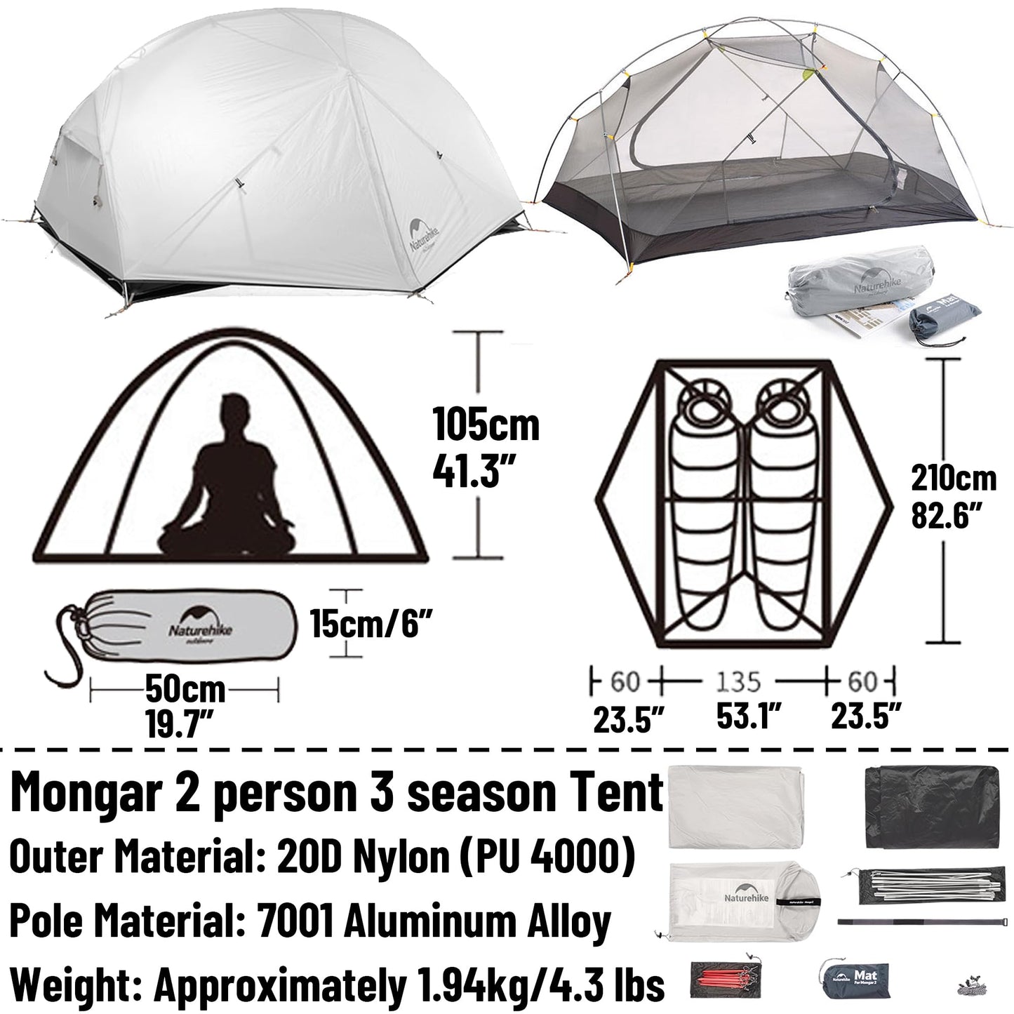 Naturehike Mongar 2 Person Lightweight Backpacking Tent - Waterproof Ultralight 3 Season Camping Tent, Easy Setup, Double Layer, for Hiking (Gray-20D Nylon, Mongar - 2 Person)