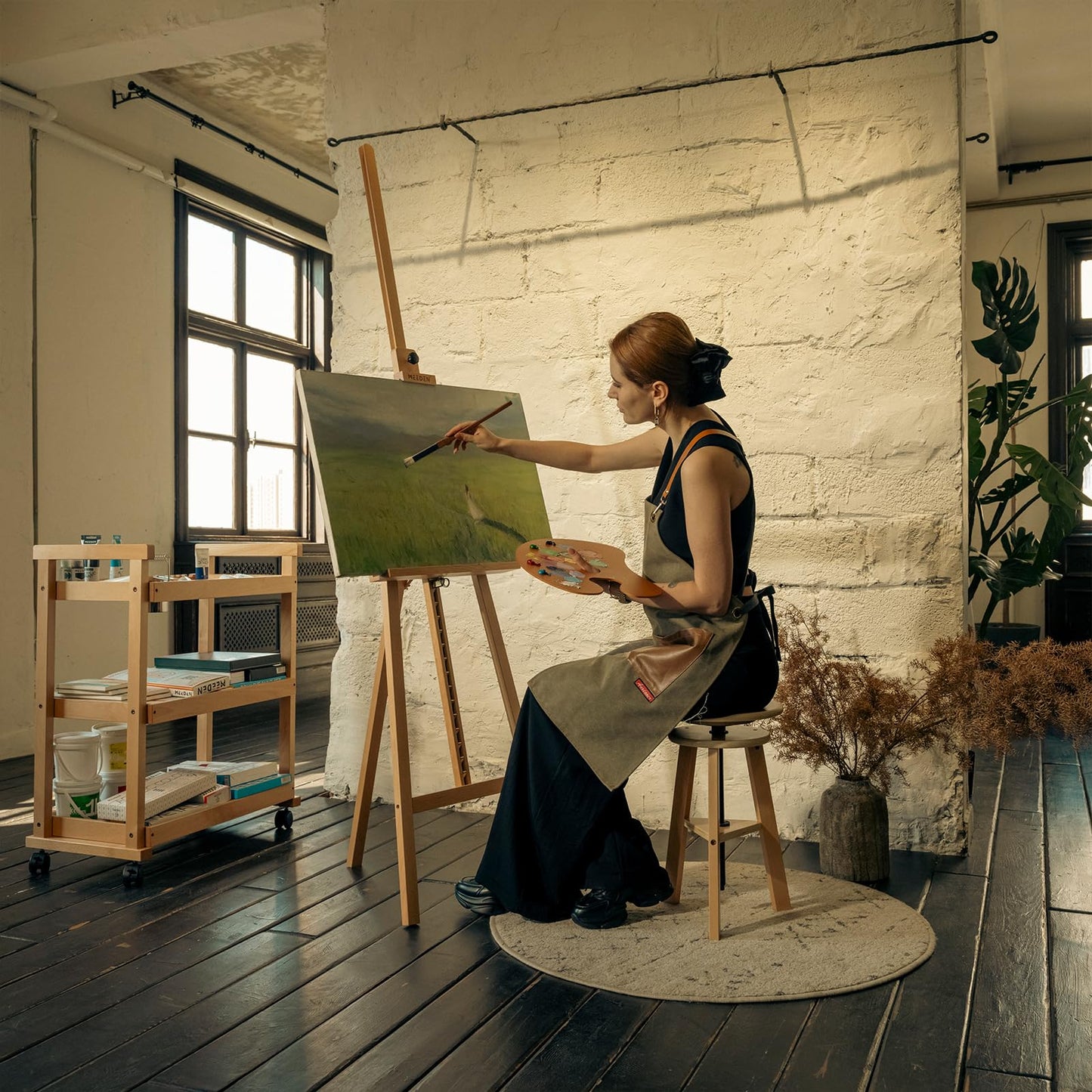 MEEDEN Painting Wooden Art Easel: Solid Beechwood Display Easel Stand Hold Canvas up to 43'' - Adjustable Easel from 57''-76" for Adults Student Studio Gallery - Natural