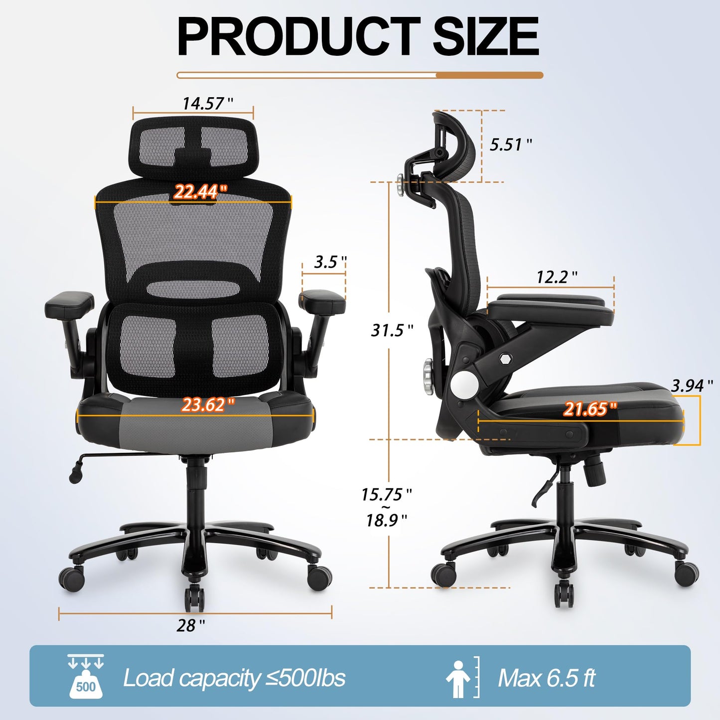 BOWTHY 500lbs Big and Tall Office Chair,Large Heavy Duty Executive Computer Chair with 5D Flip Arms,Ergonomic Mesh High Back Desk Chair with Adjustable Lumbar Support 3D Headrest,Thick Spring Cushion